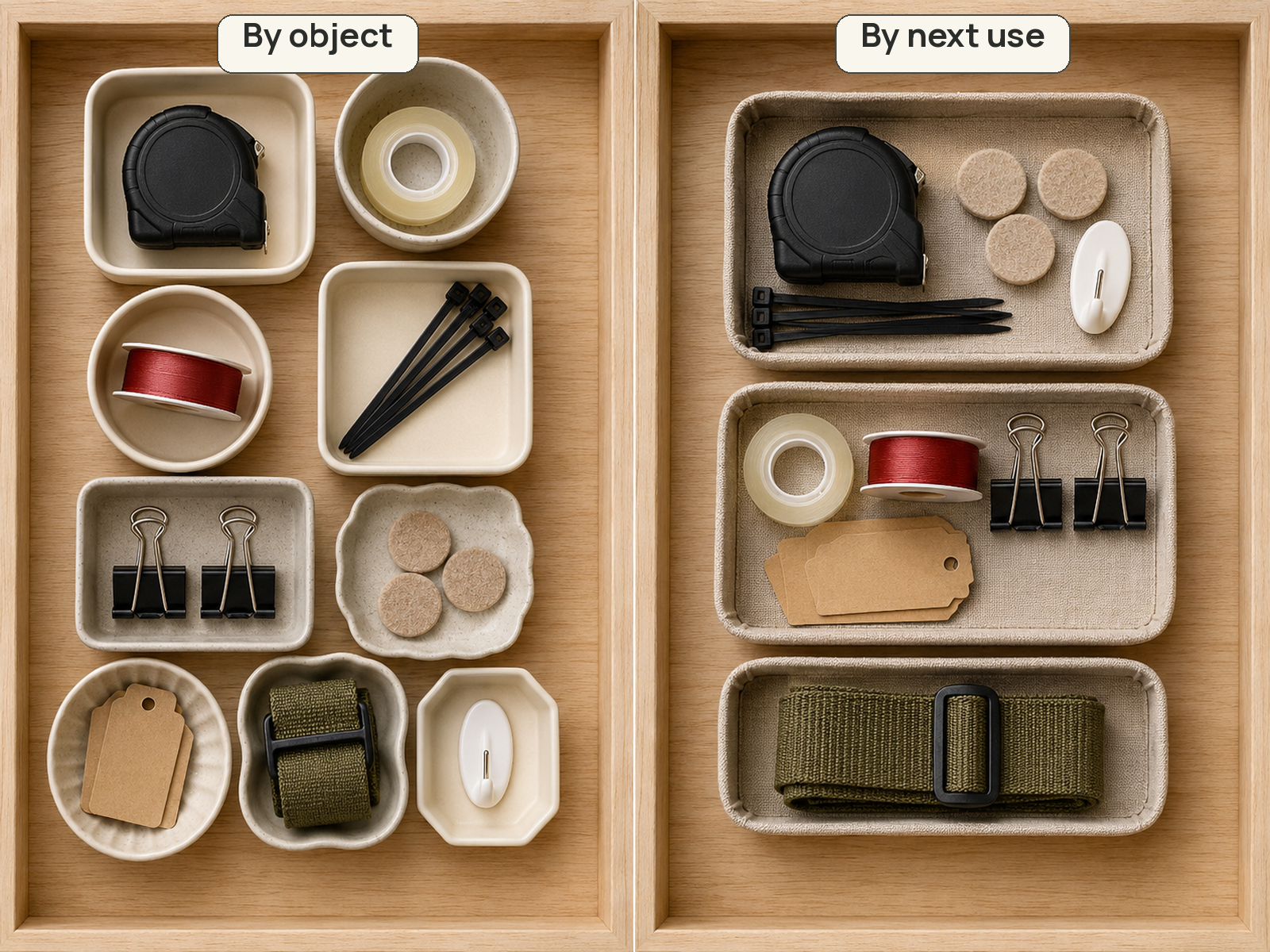 Matched top-down comparison of the same small household items separated into many object-specific containers and consolidated into three next-use kits.