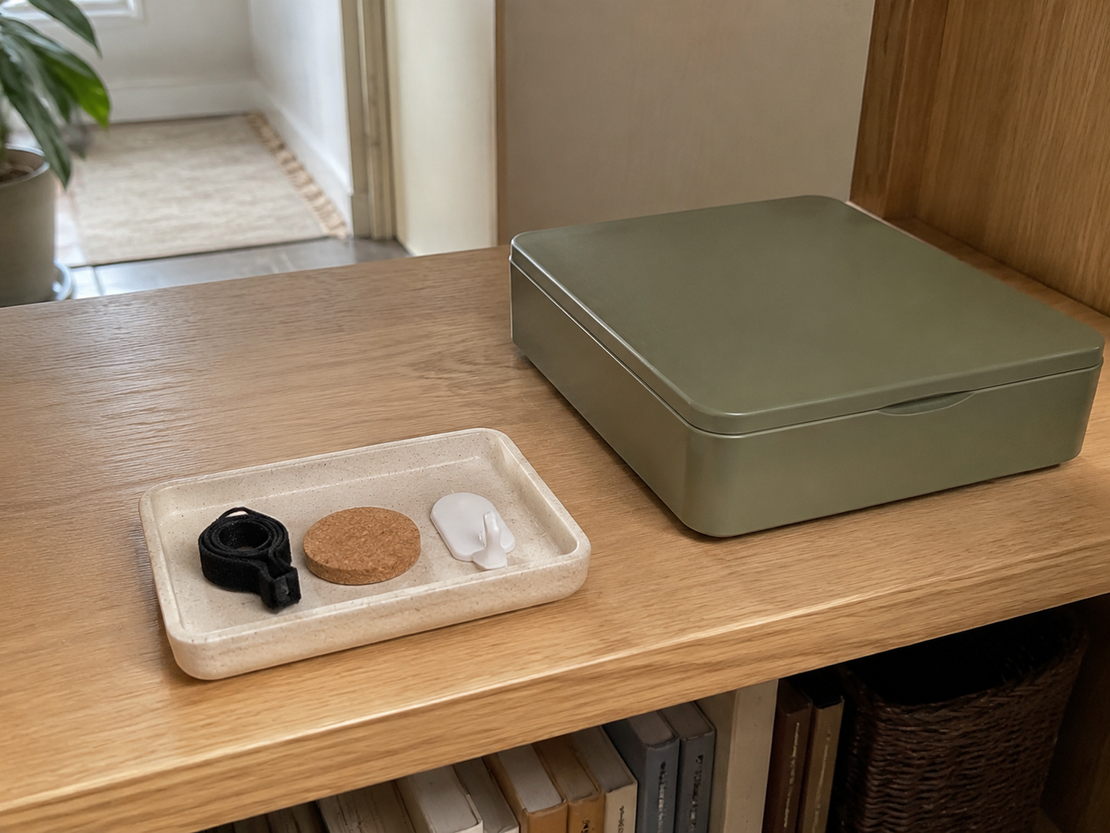 A tiny catch tray with three undecided household items beside a separate closed utility box on a small-apartment shelf.