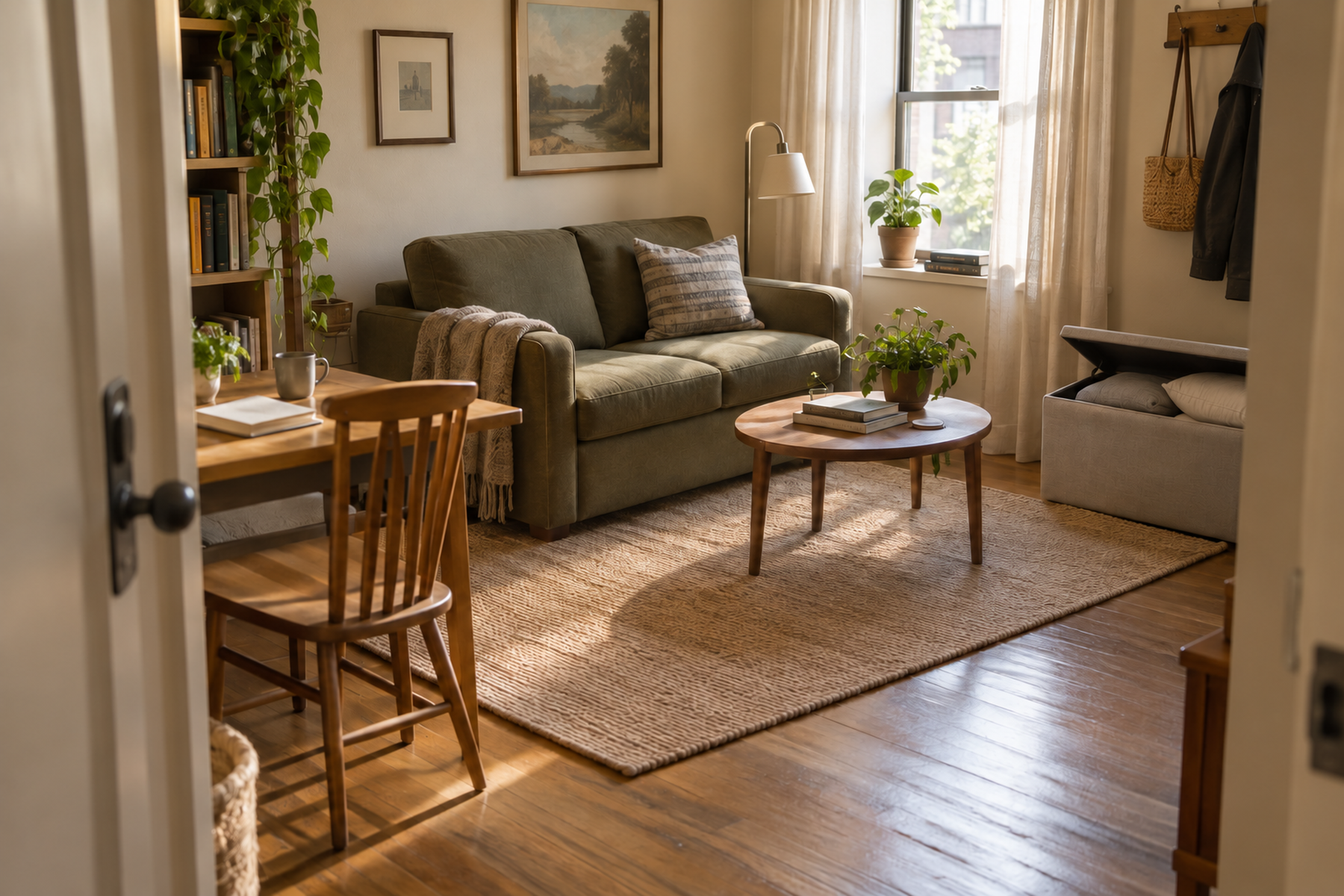A small apartment living room in everyday mode with normal seating, clear circulation, and guest bedding stored without a permanent spare bed taking over the room.