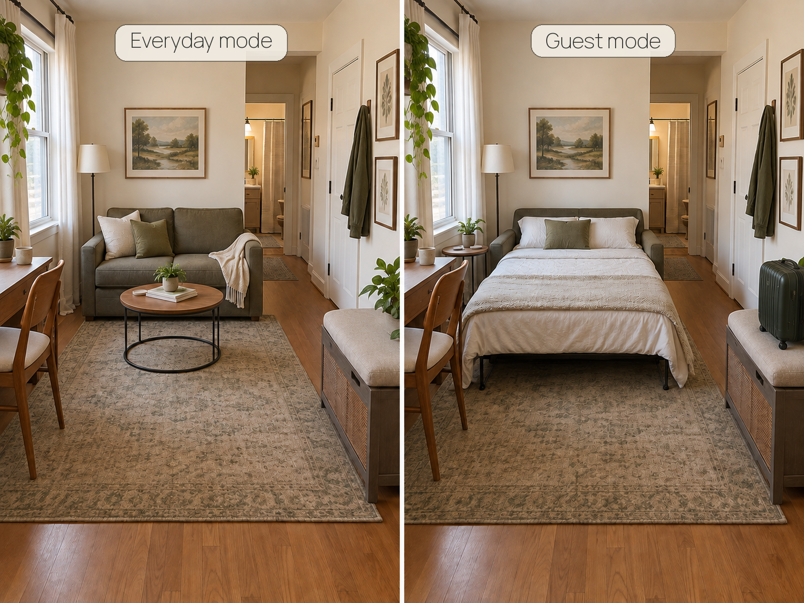 The same small apartment shown in everyday mode and guest mode, with a temporary sleep surface deployed while entry, bathroom circulation, and a small luggage zone remain usable.