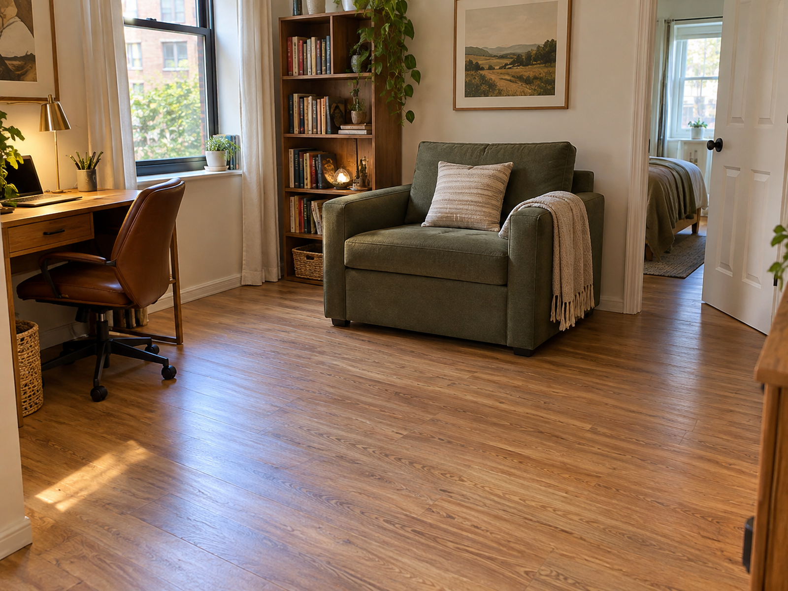 A compact dual-purpose sleeper chair or daybed used as everyday seating in a small apartment with a clear floor zone available for guest-bed deployment.