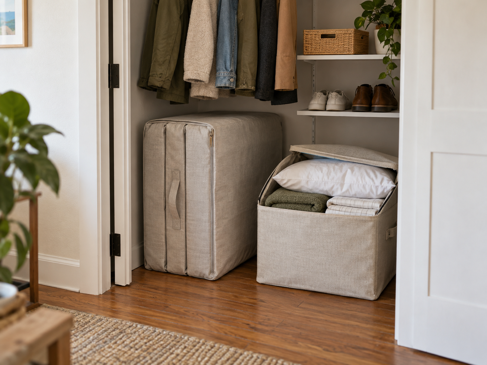 A folded guest sleep surface and clean bedding stored together in a dry small-apartment closet or under-bed zone with a clear retrieval path.