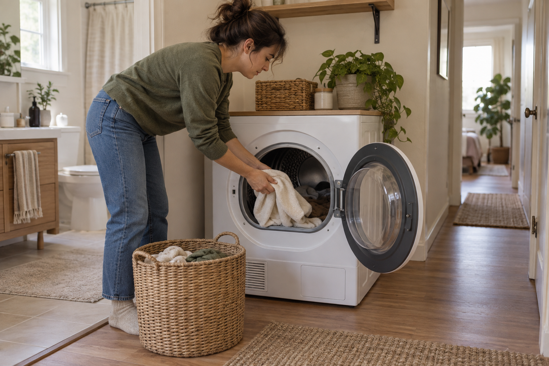 An adult loads a compact front-load dryer with its door fully open, a laundry basket nearby, and the apartment hallway left clear.