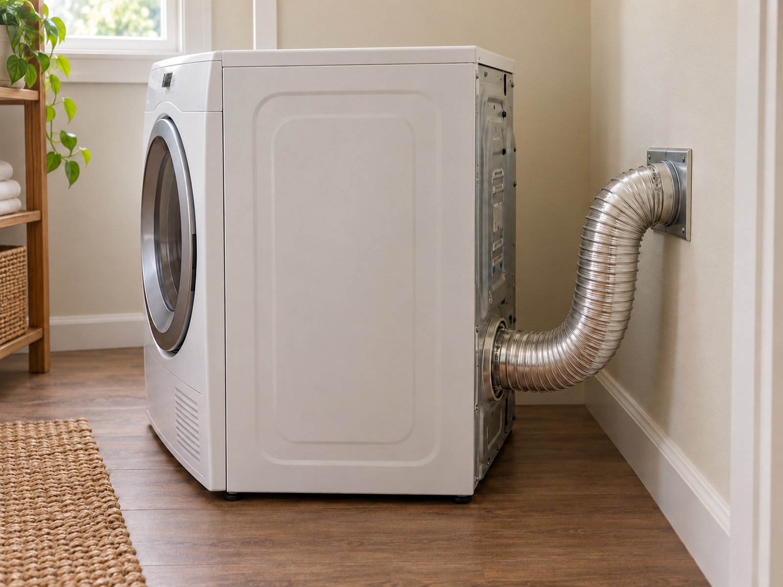 A compact vented dryer with a short metal exhaust duct connected to an installed wall endpoint without being crushed or sharply kinked.