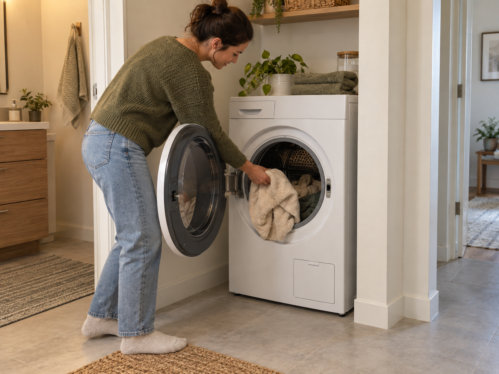An adult loads a compact ventless dryer in a narrow apartment zone with its door open and front maintenance areas unobstructed.