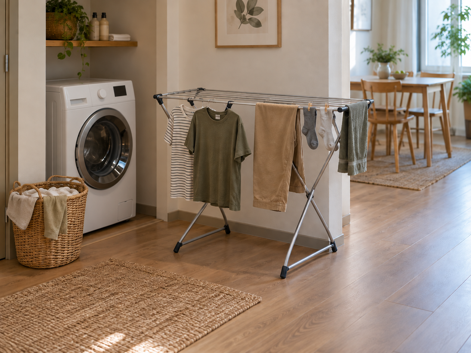 A compact apartment laundry appliance sits beside one folding rack holding selected everyday clothes while the adjacent walkway remains open.