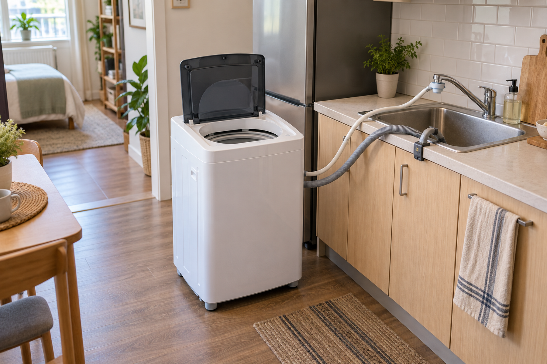 A portable top-load washing machine on a level apartment floor beside a sink with a clear loading area and tidy temporary hoses.