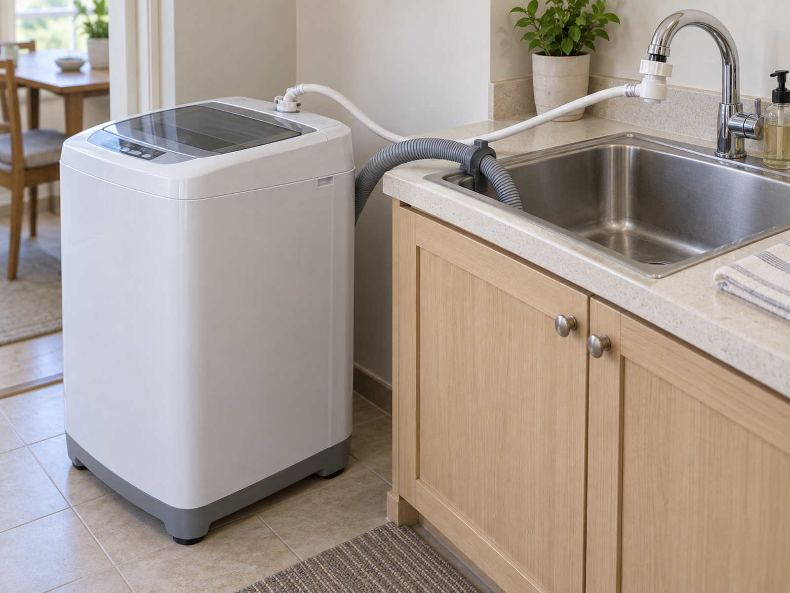 A portable washer temporarily connected to a sink with separate secured water and drain hoses and its feet level on the floor.