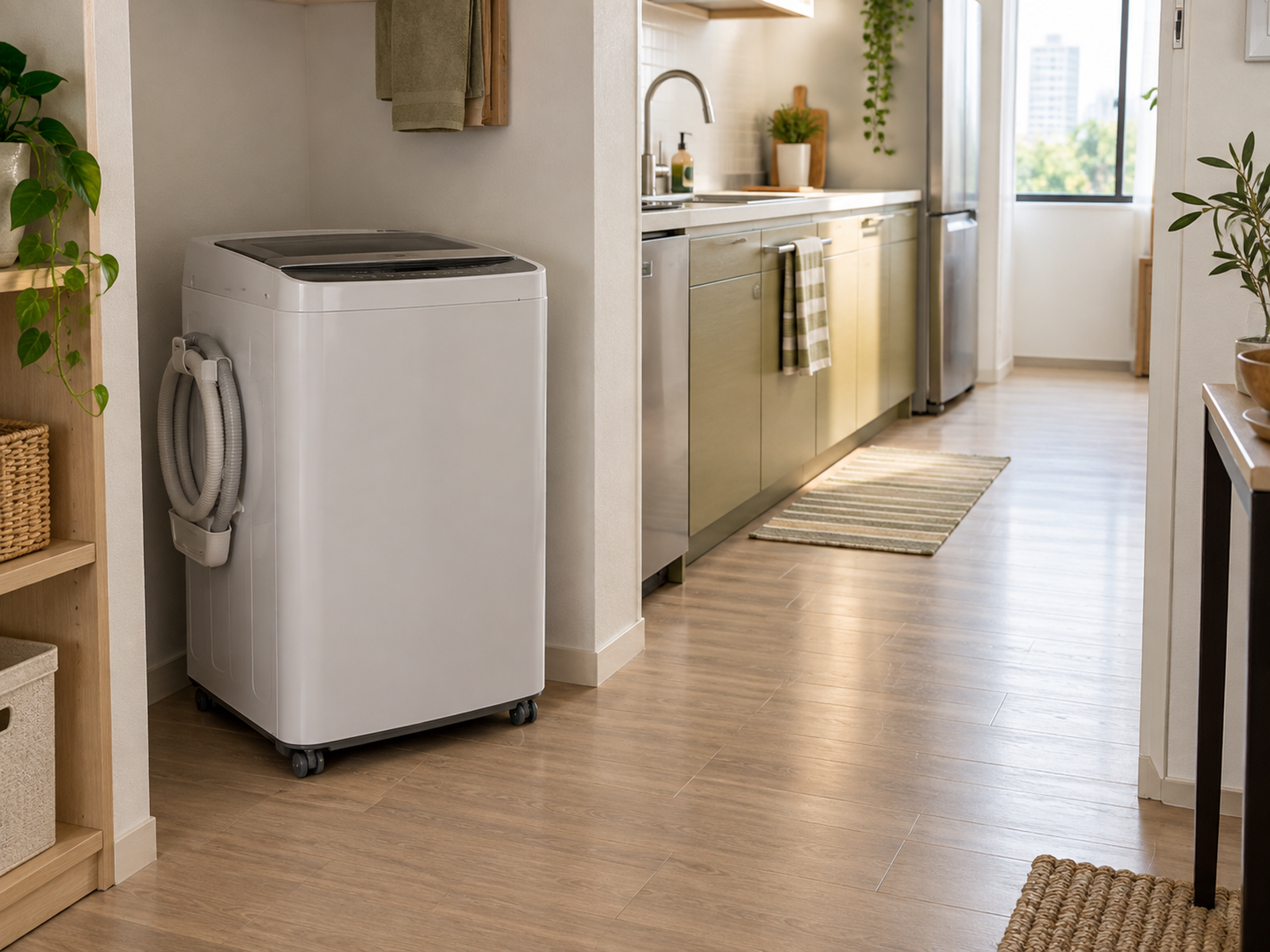 A portable washer parked in a dry apartment alcove with hoses contained and a clear hard-floor rolling route to the sink.