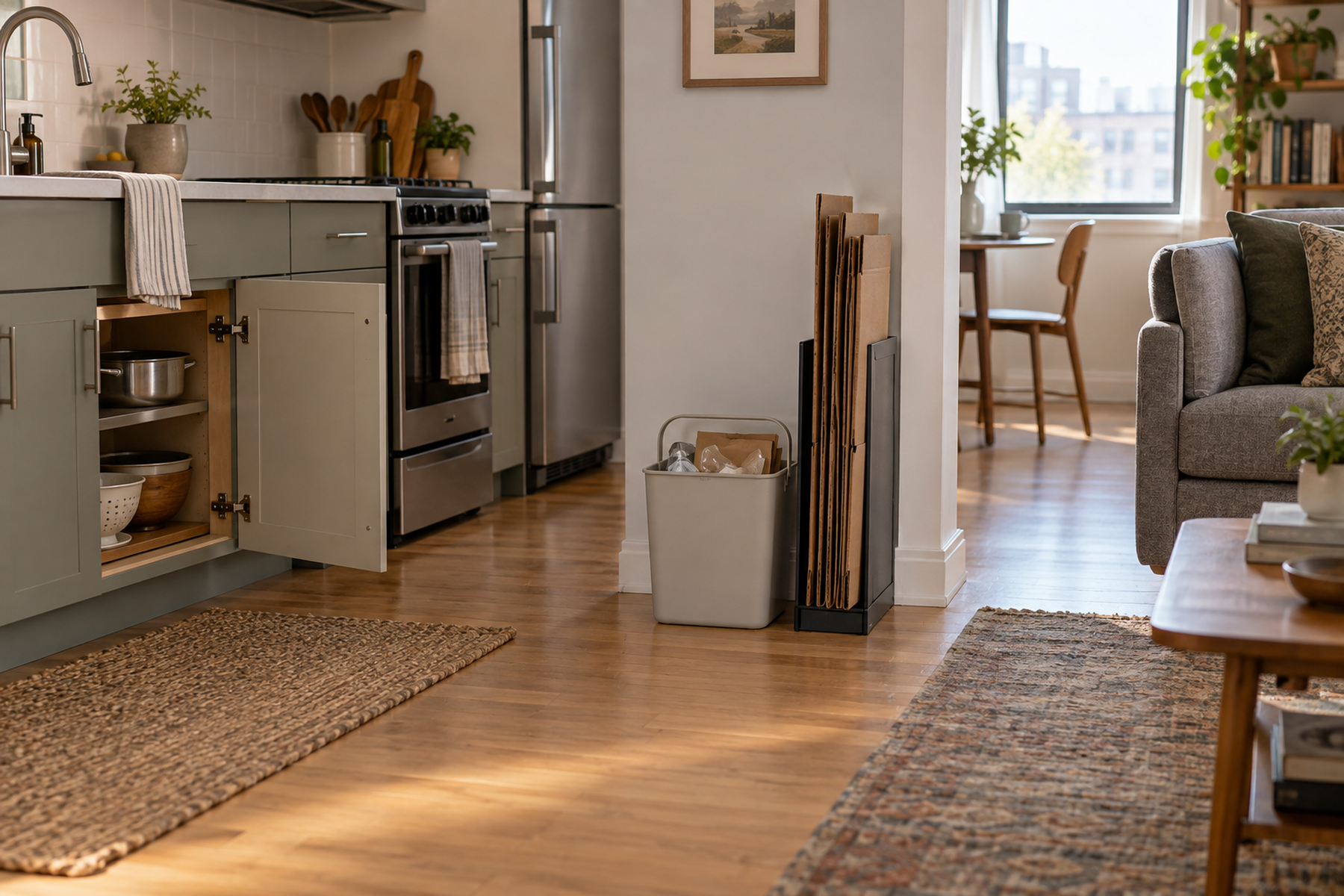 A small handled recycling bin stands beside a narrow vertical holder of flattened cardboard in a compact apartment kitchen with clear floor and cabinet access.