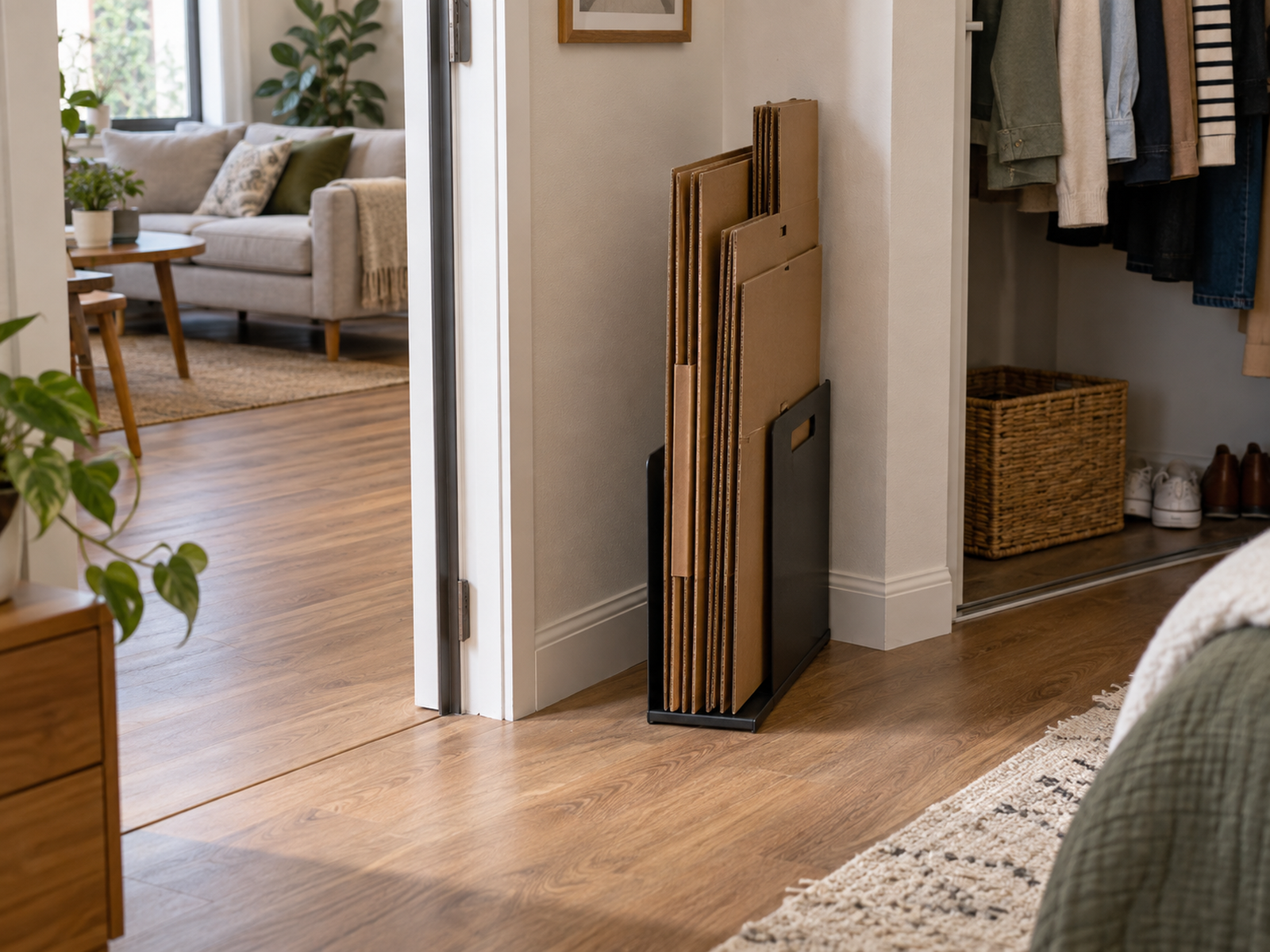 Clean flattened cardboard boxes stand vertically in a narrow portable indoor holder beside a closet, leaving the apartment walkway clear.