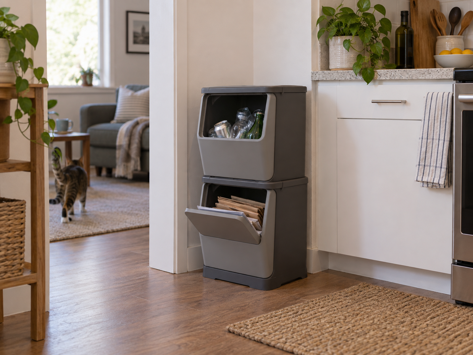 Two small stackable recycling bins use vertical space beside a compact kitchen while front openings keep both bins accessible and the walking path clear.