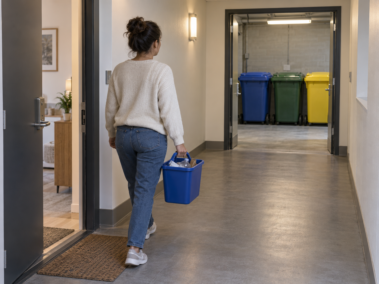 A resident carries a small handled recycling bin from an apartment doorway along a clear hall toward shared building collection containers.