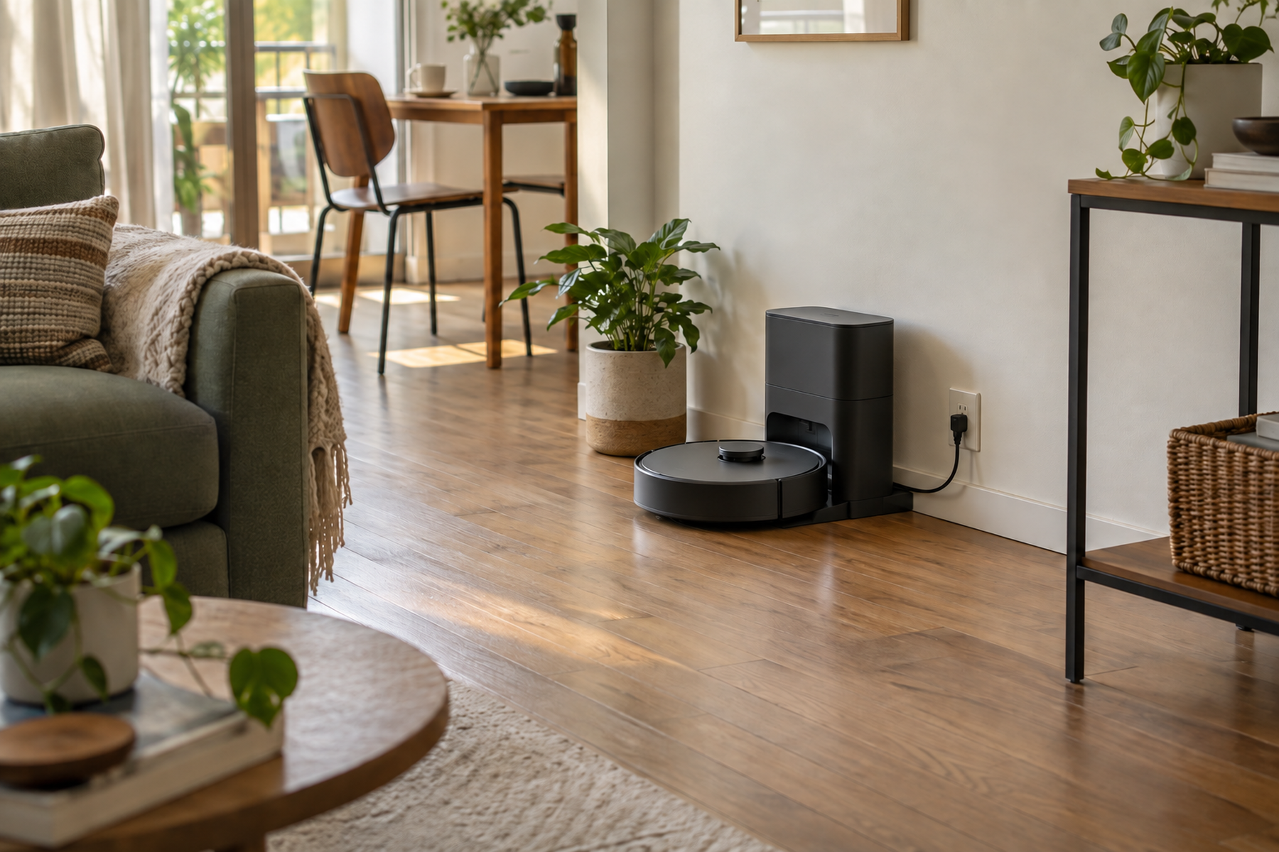 A robot vacuum and dock sit against an open wall on hard flooring, with a controlled power cable and a clear approach lane through the small room.