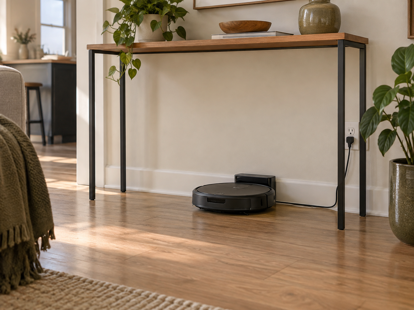 A low robot vacuum charging base sits beneath an open console on hard flooring, with open sides, a controlled cable, and a clear front runway.