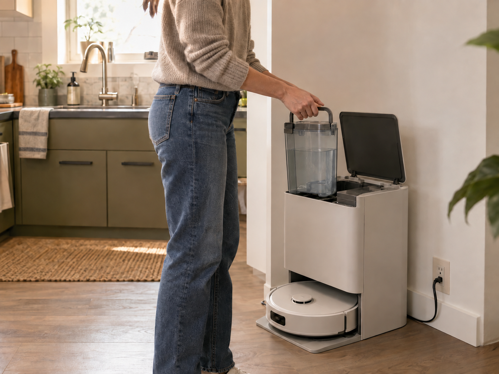 An adult lifts a water tank vertically from an open robot vacuum service dock beside a short, clear route to a nearby kitchen sink.