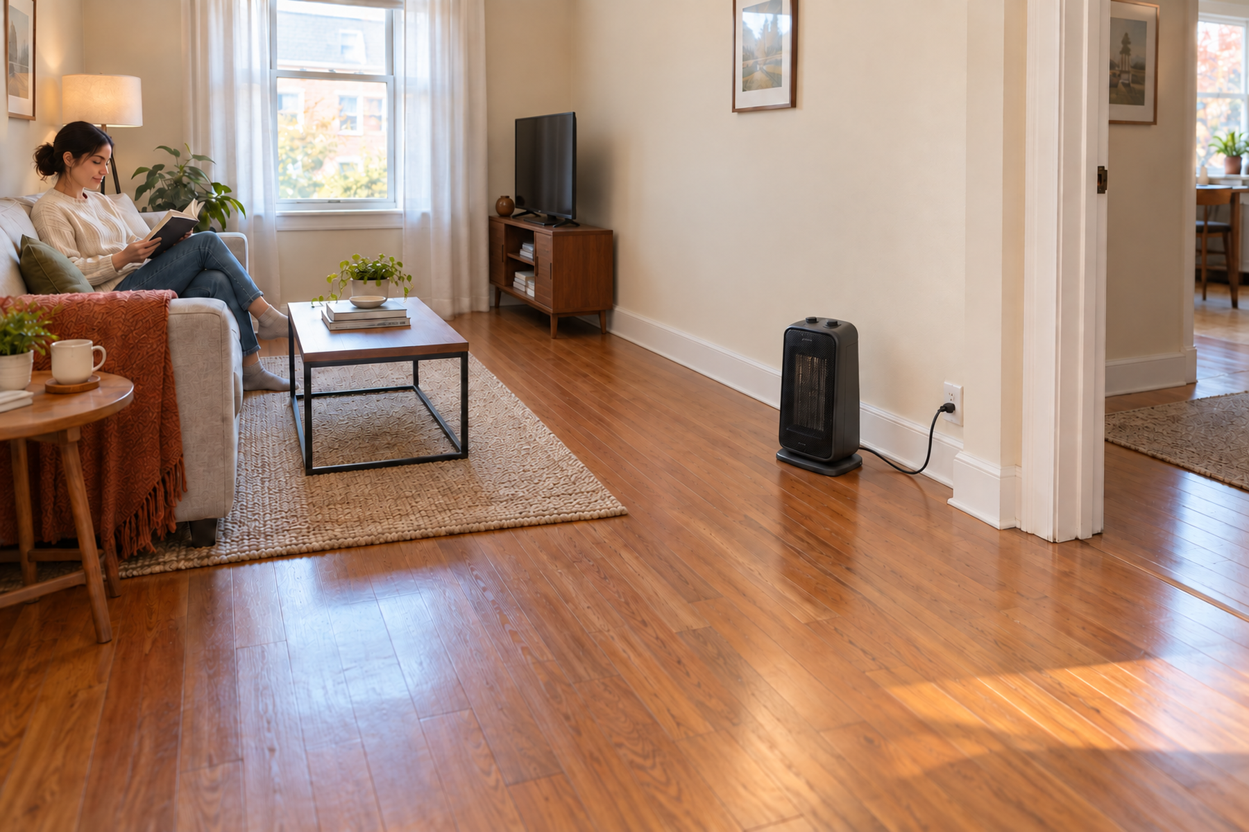 A portable space heater on a wide bare-hardwood zone in a small living room, plugged directly into a nearby wall outlet and separated from furniture, curtains, rugs, and the open walking path.