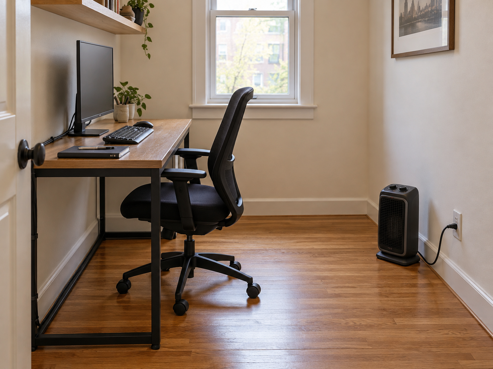 A portable space heater beside a compact desk on bare hardwood, outside the desk cavity and chair rollback path, with a short direct cord to the nearby wall outlet.