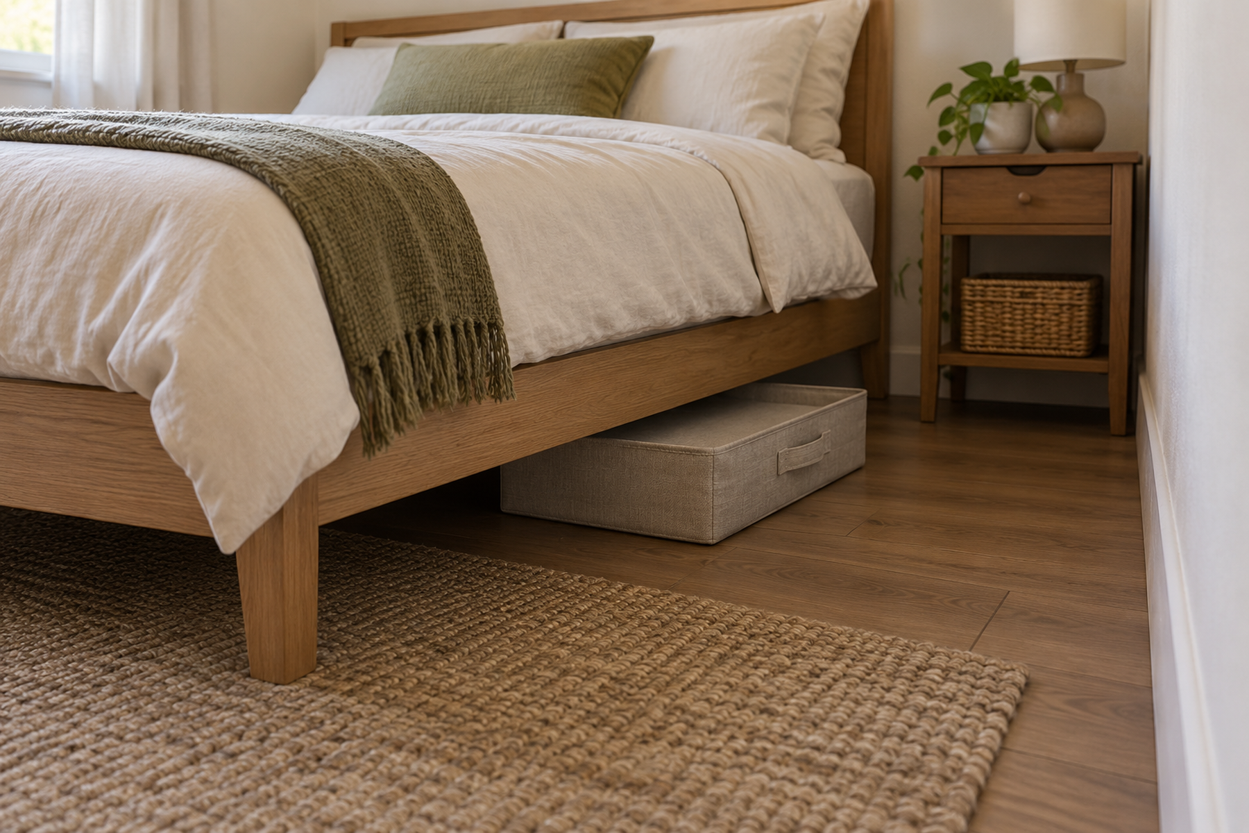 Low wood bed in a compact bedroom with a shallow under-bed gap and a flat storage bin beside a narrow retrieval aisle.