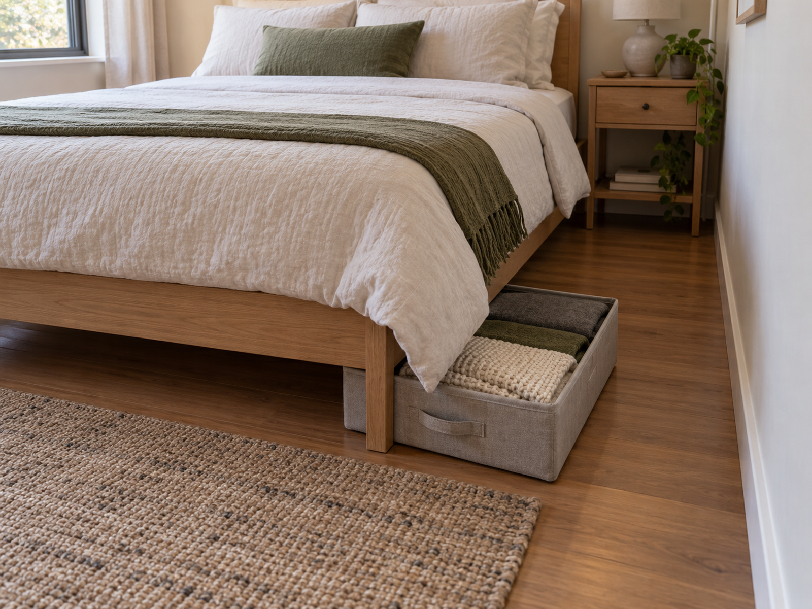 Low fabric storage bin pulled into the narrow open floor beside a compact bed, showing the space needed for retrieval.