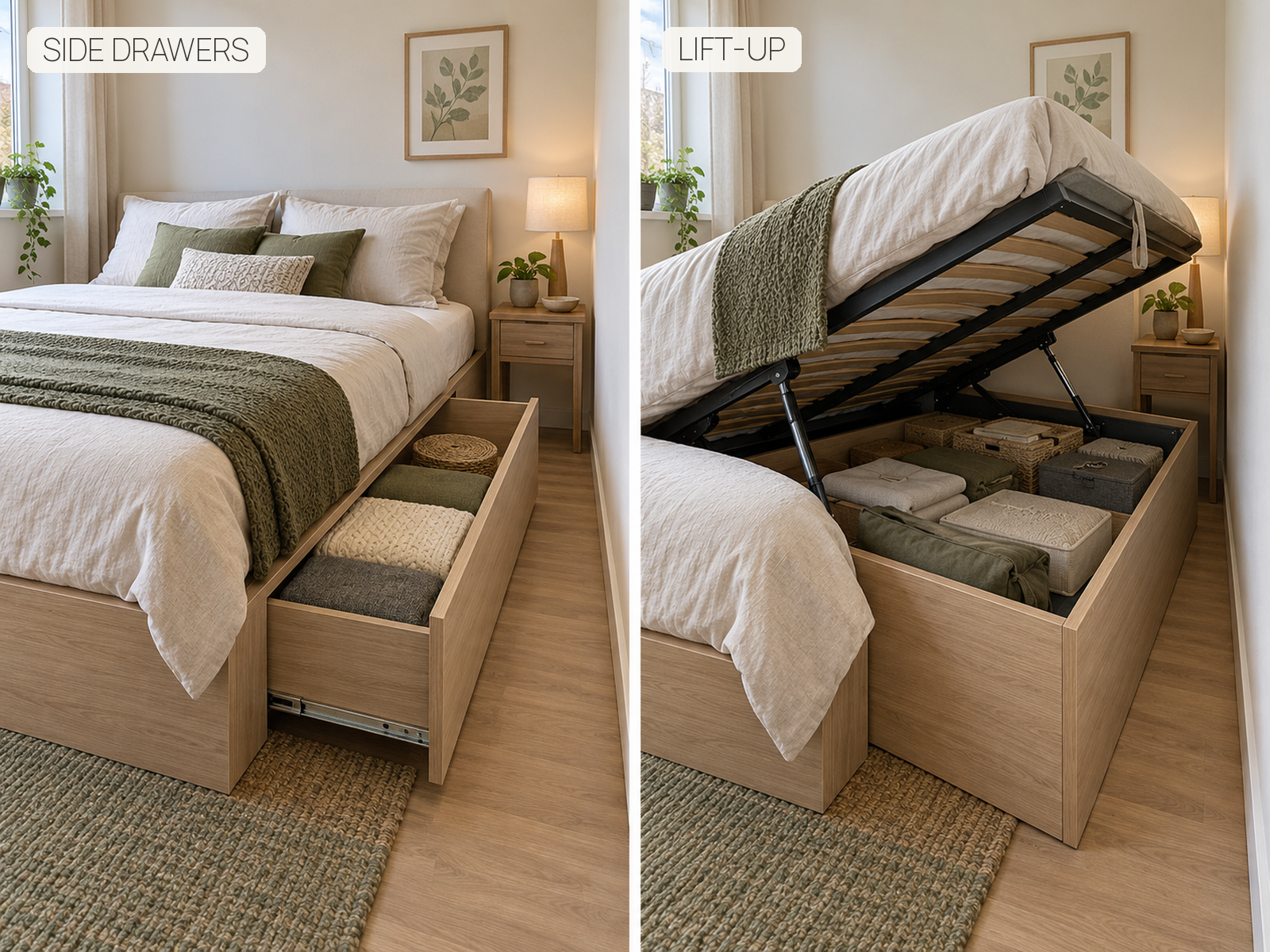 Side-by-side comparison of a storage bed with a side drawer extended and a lift-up bed opened vertically in similarly compact rooms.