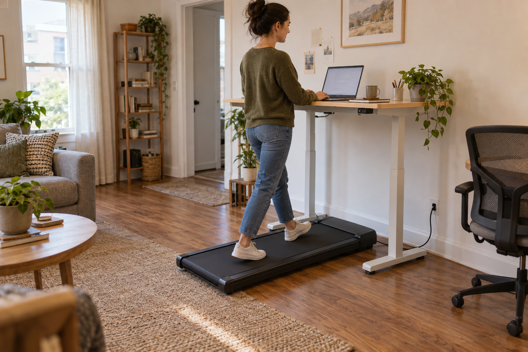 An adult walks on a low-profile walking pad under a standing desk with clear step-off space and a direct wall power route.