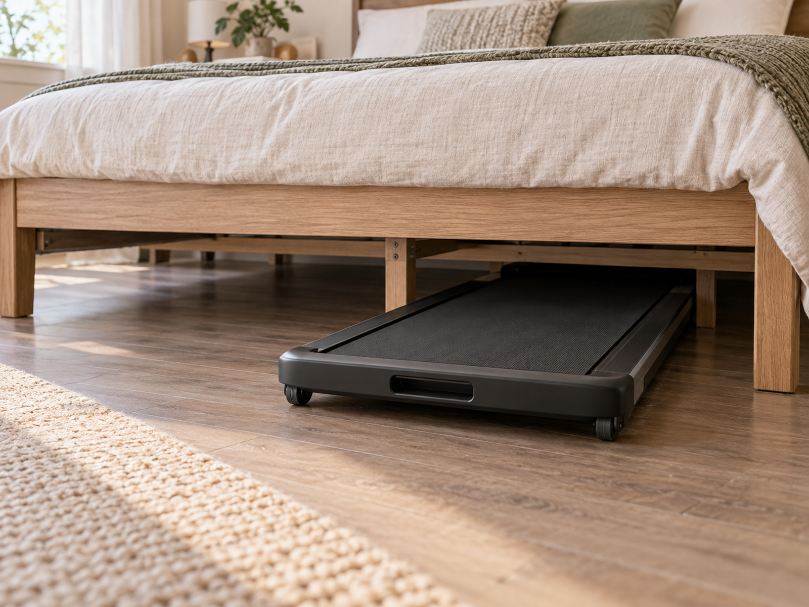 A low-profile walking pad slides into a clear under-bed bay beside the visible center support, with its handle and wheels accessible.