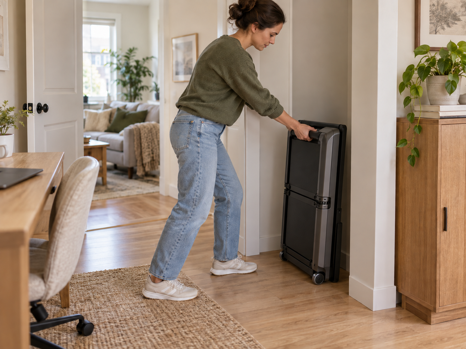 An adult uses both hands to guide a folded walking pad on its transport wheels into a narrow wall-adjacent apartment niche.