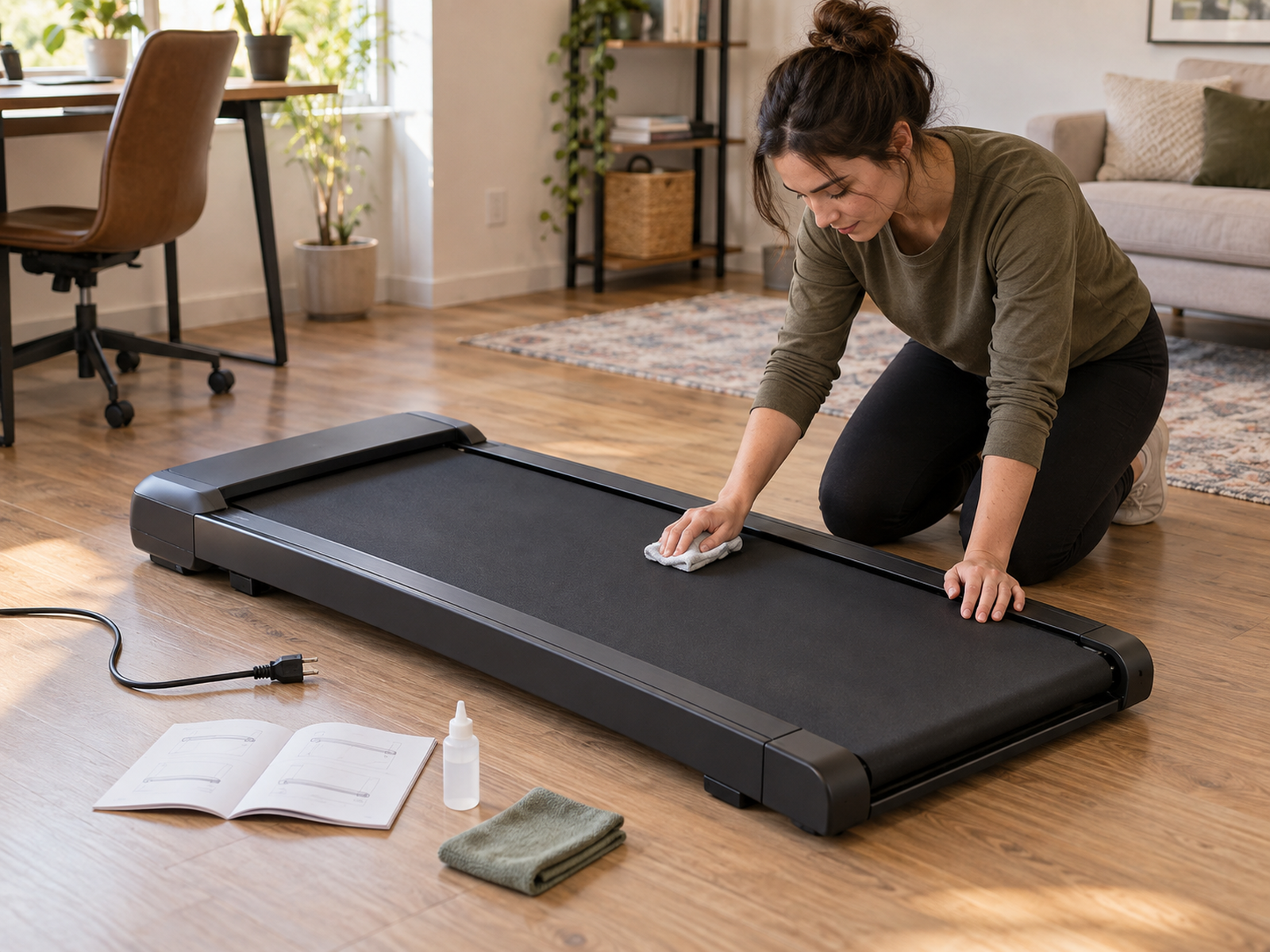 An unplugged walking pad lies in an open floor area with its stationary belt accessible for cleaning and inspection.