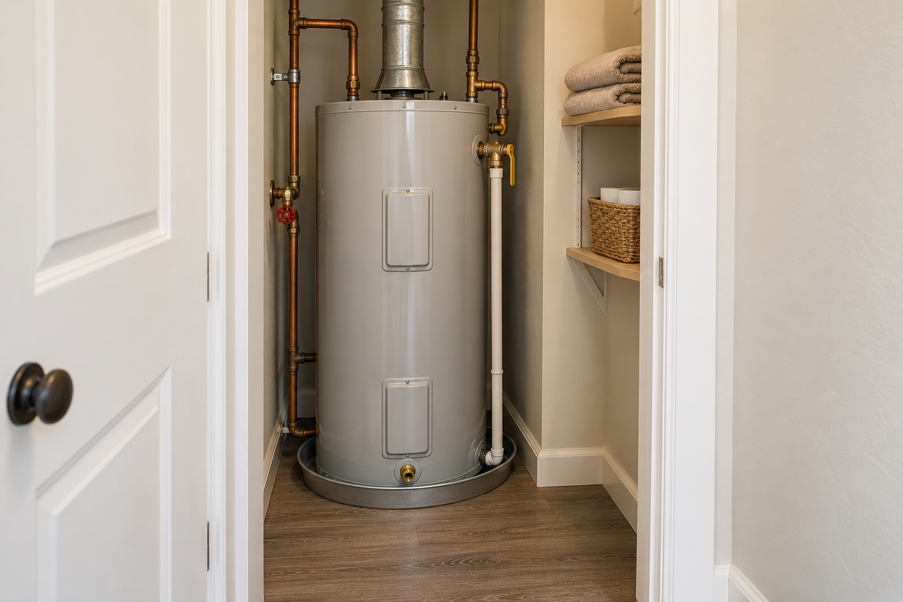 A compact apartment water-heater closet keeps visible pipes, valves, the drain pan, and the floor approach accessible beside a small separate shelf of towels and paper goods.
