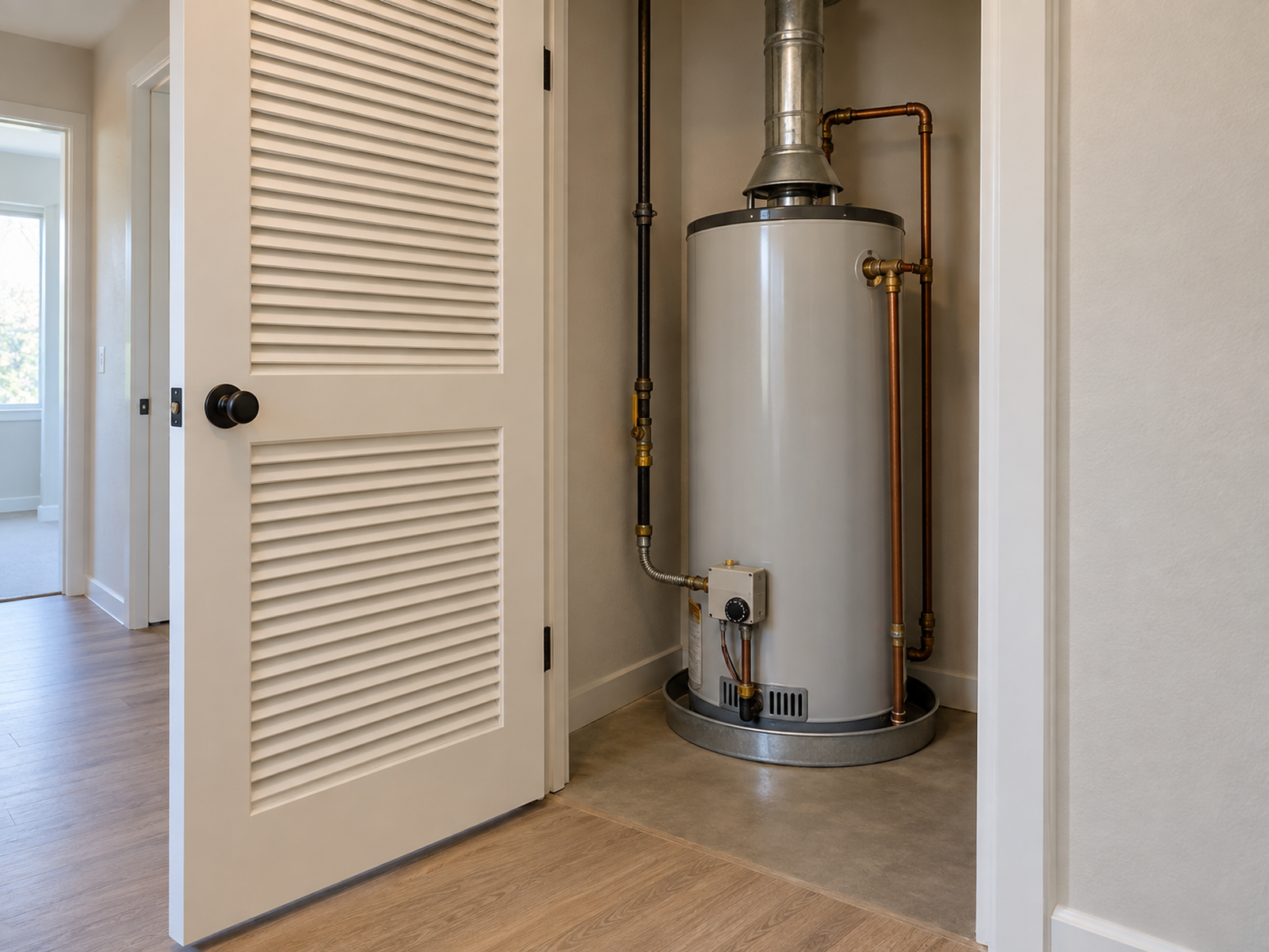 An open louvered water-heater closet door leaves the tank, vent, controls, and floor service approach unobstructed.
