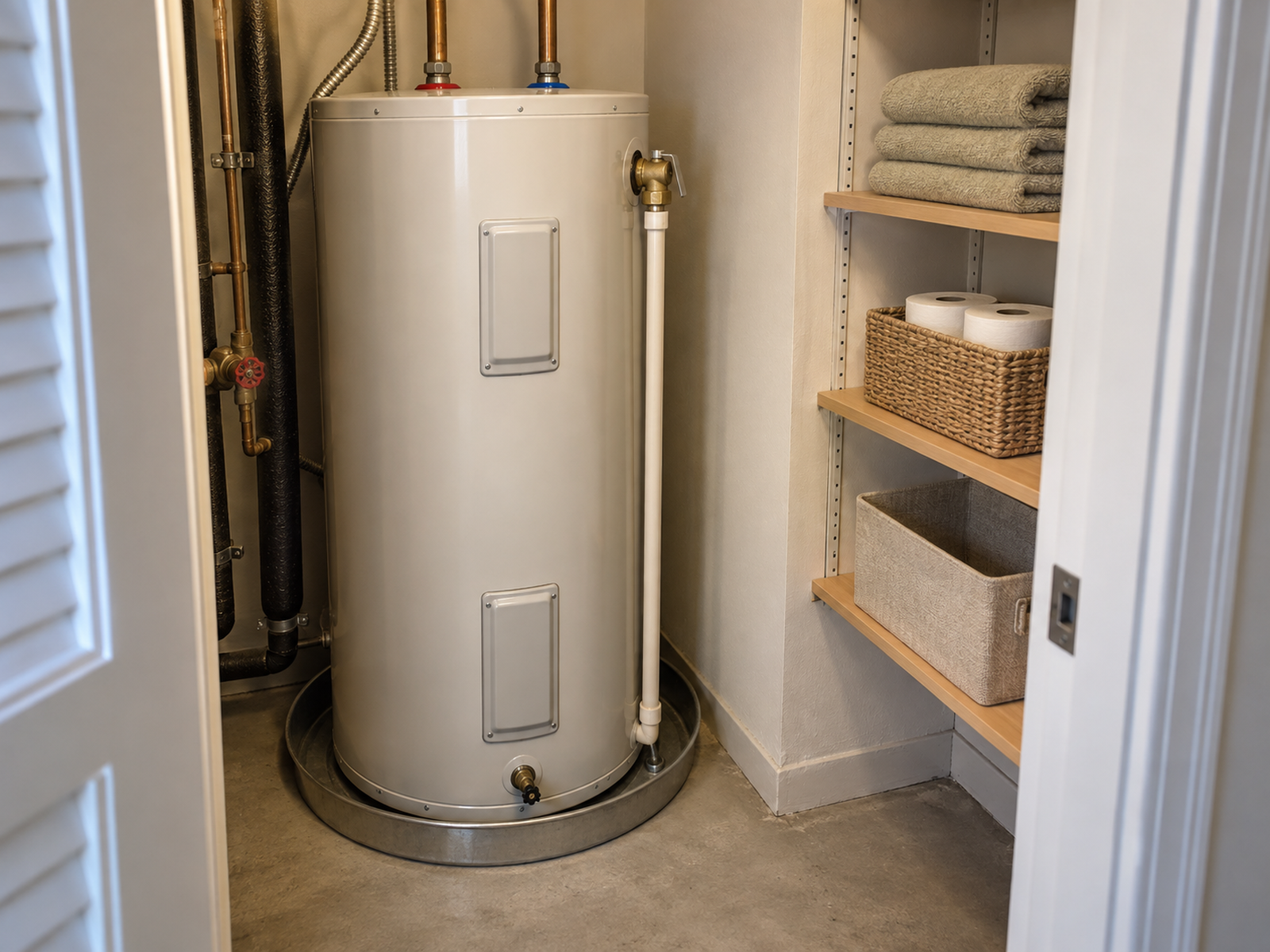 A shallow side shelf holds folded towels and paper goods while the water heater’s piping, relief discharge, drain pan, and front access remain clear.