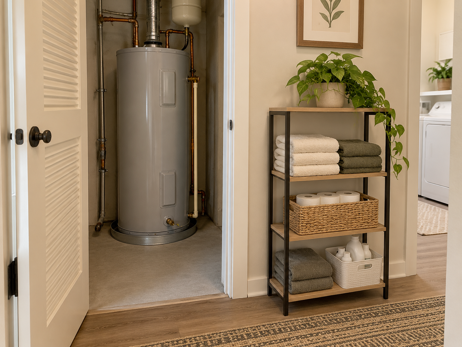 A nearly empty water-heater closet stands beside a freestanding hallway shelf where towels and household backstock have been relocated.
