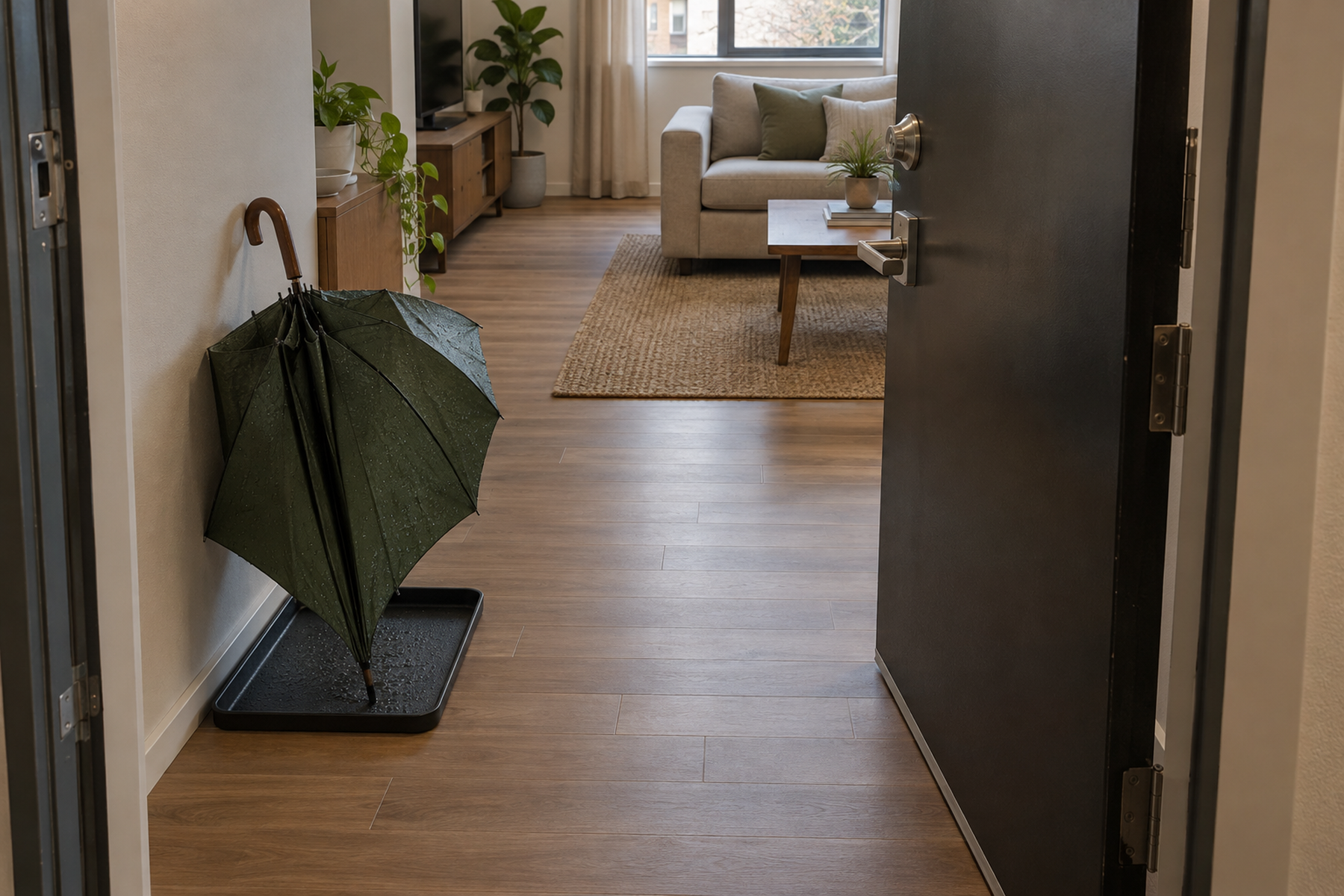 A wet long umbrella drying partly open over a shallow tray inside a small apartment, with the open front door and walking path kept clear.