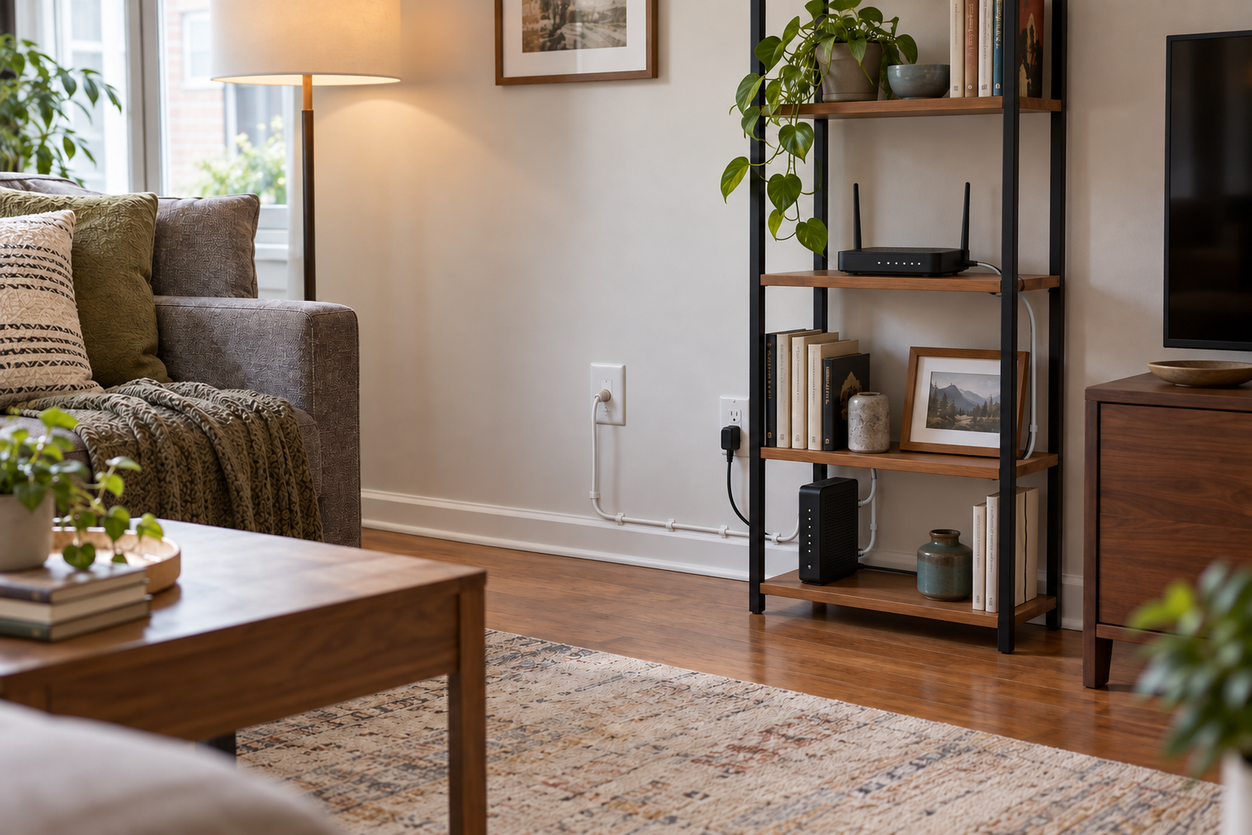 Compact living room with a fixed low internet jack connected along the baseboard to a modem on a lower open bookshelf and a separate router on the middle shelf.