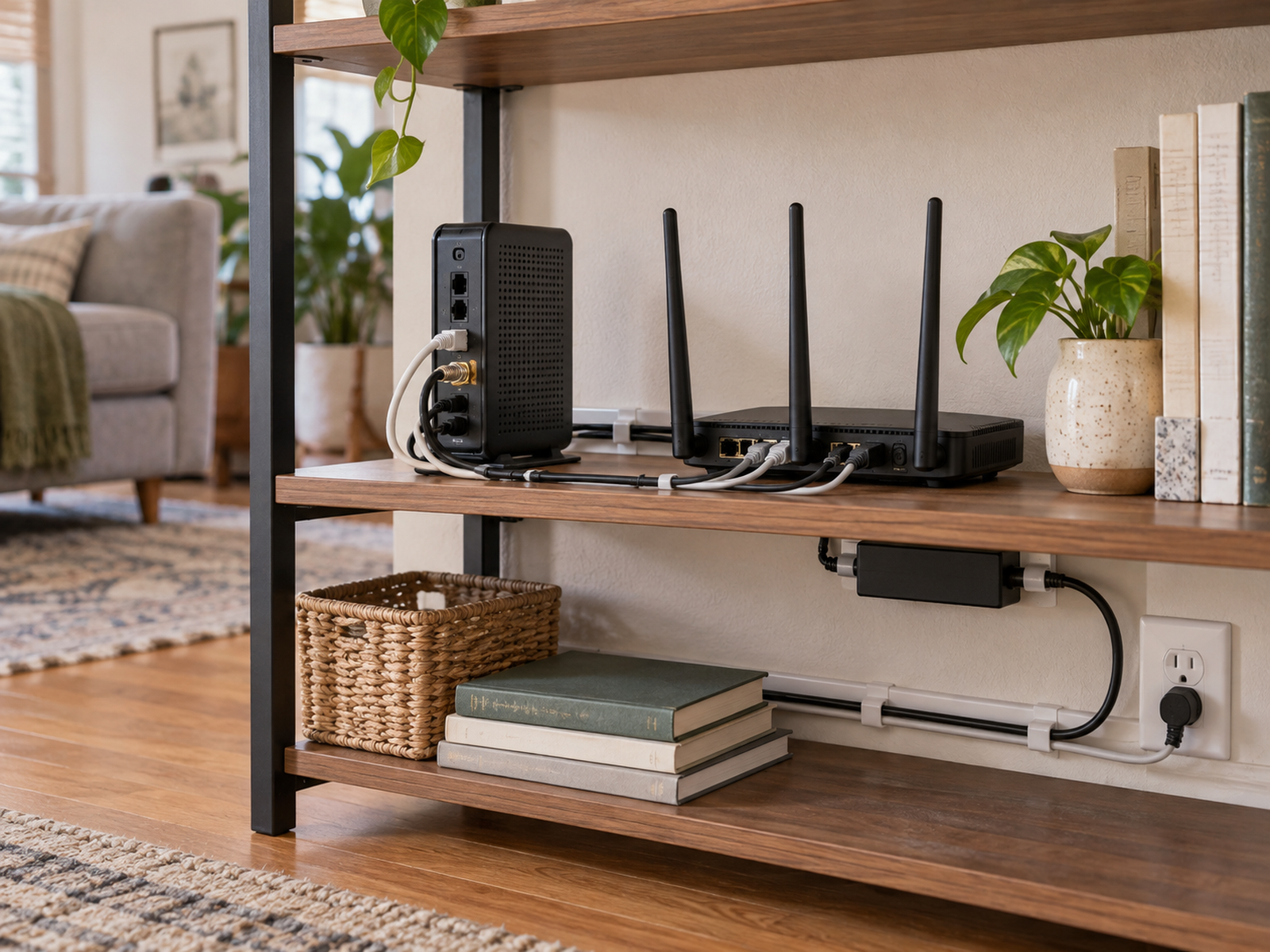 Close view of an open router shelf with accessible modem and router ports, relaxed cable slack in removable clips and raceway, and a ventilated power adapter beneath the shelf.