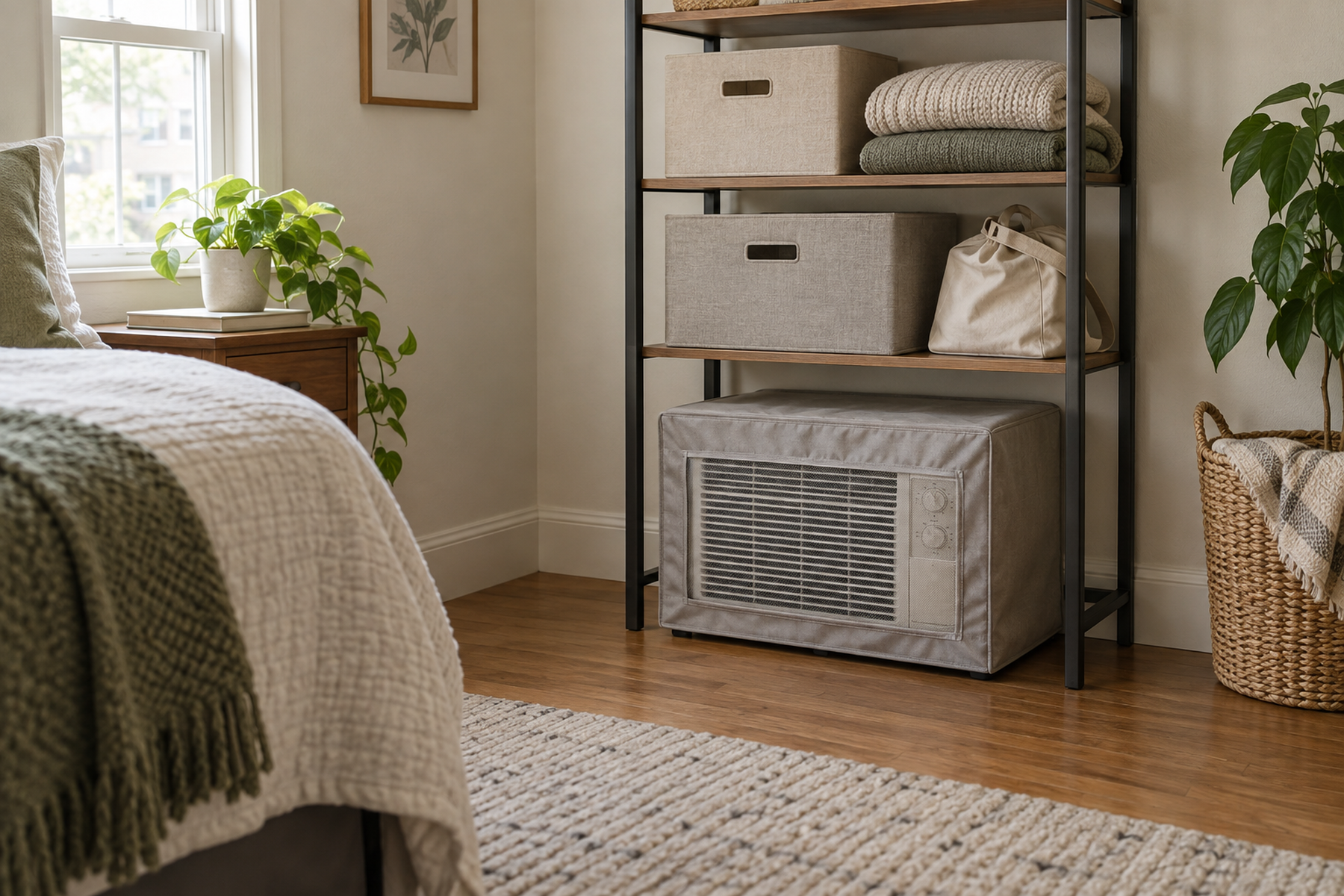A covered window air conditioner stored upright at floor level beneath freestanding shelves in a compact bedroom, with lightweight boxes and folded blankets above and an open retrieval path.