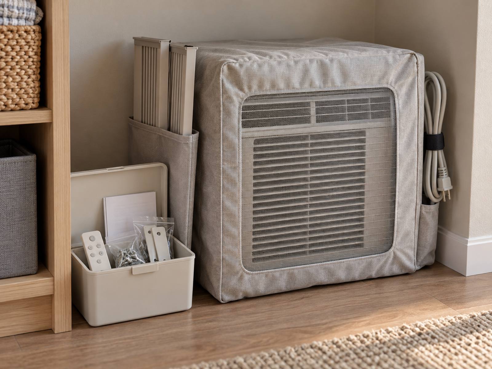 An upright covered window air conditioner stored with its secured power cord, removable side panels, remote, hardware pouch, brackets, and manual sleeve grouped beside it.
