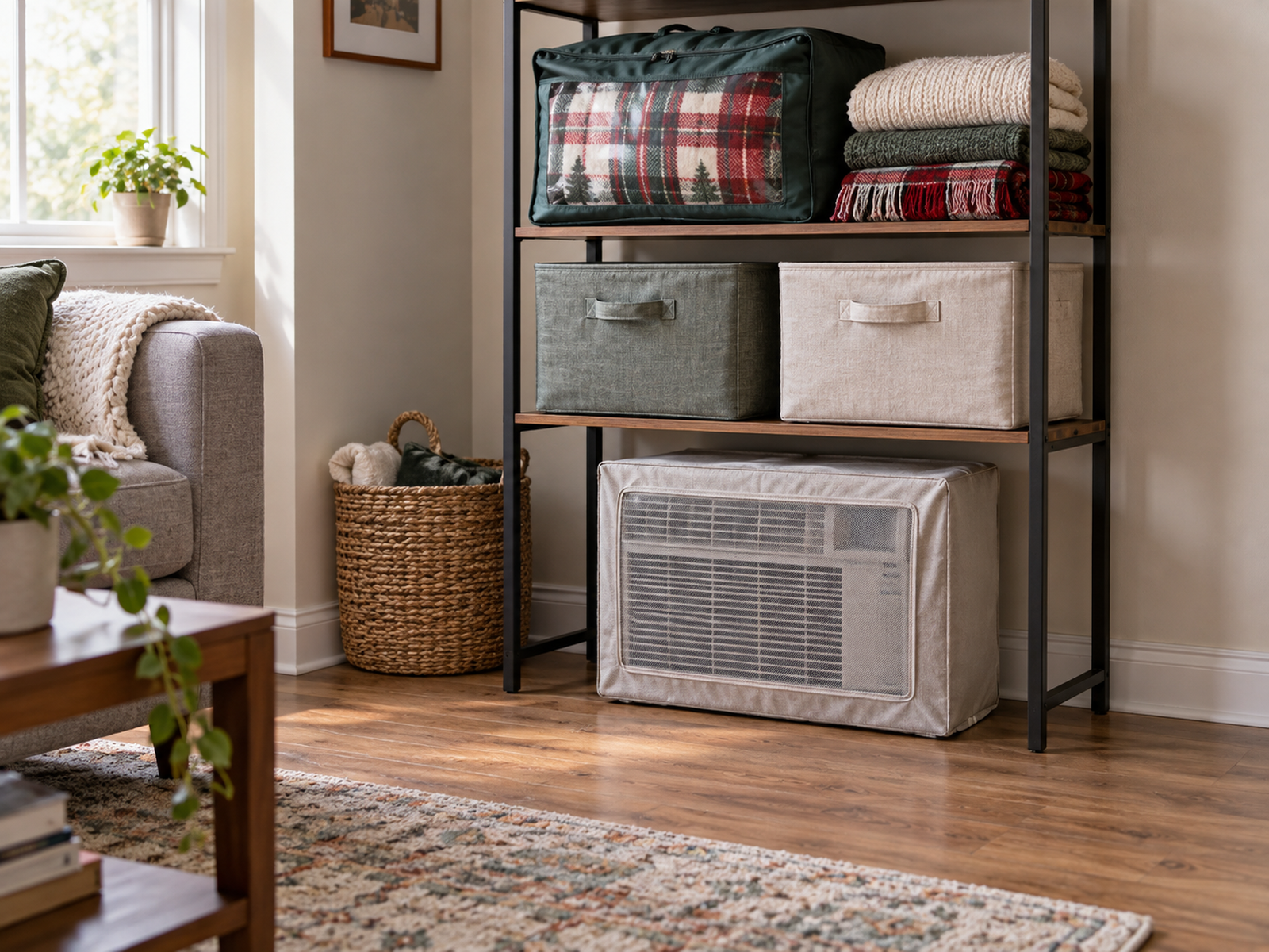 A heavy covered window air conditioner stored upright on the floor while fabric bins, a soft seasonal bag, and folded blankets use the freestanding shelves above.