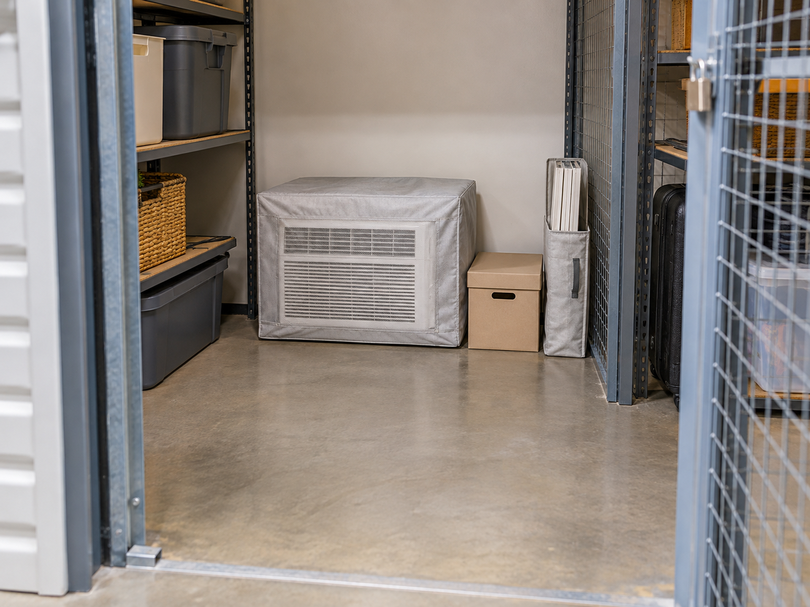 A covered window air conditioner stored upright in a clean indoor building storage locker with its closed parts box and side-panel sleeve nearby and a clear retrieval path.