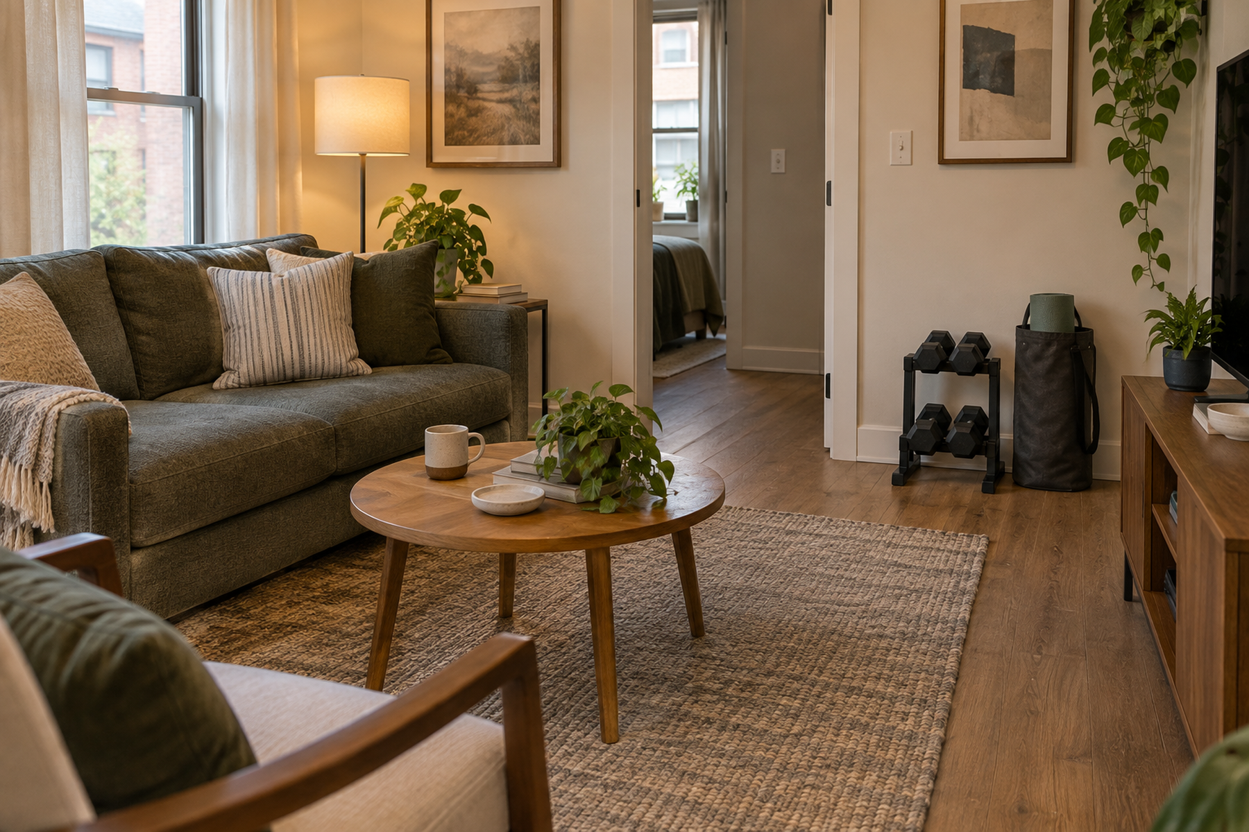 A small apartment living room has a compact freestanding dumbbell rack and a handled mat bag kept together in one corner outside the main walkway.