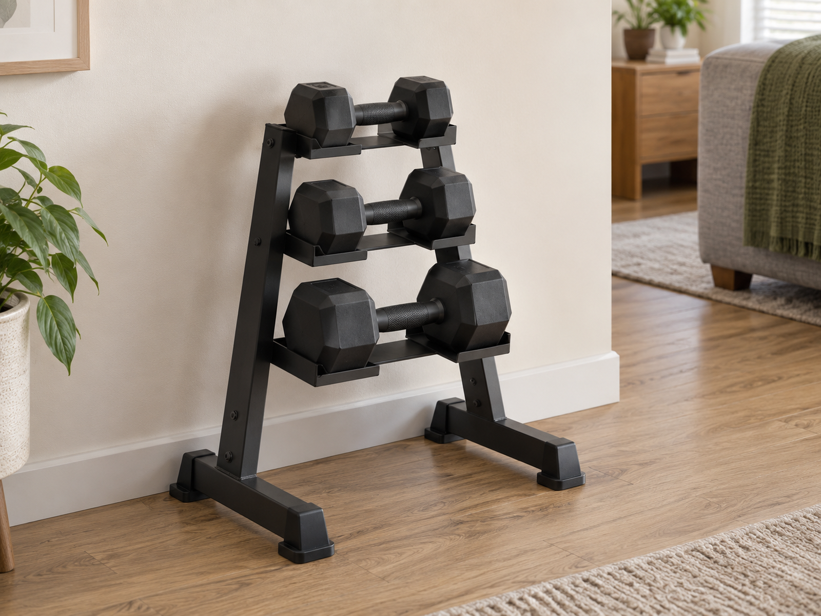 Three dumbbells rest low on a compact freestanding steel stand with its full base and clear lifting space visible in a small apartment.