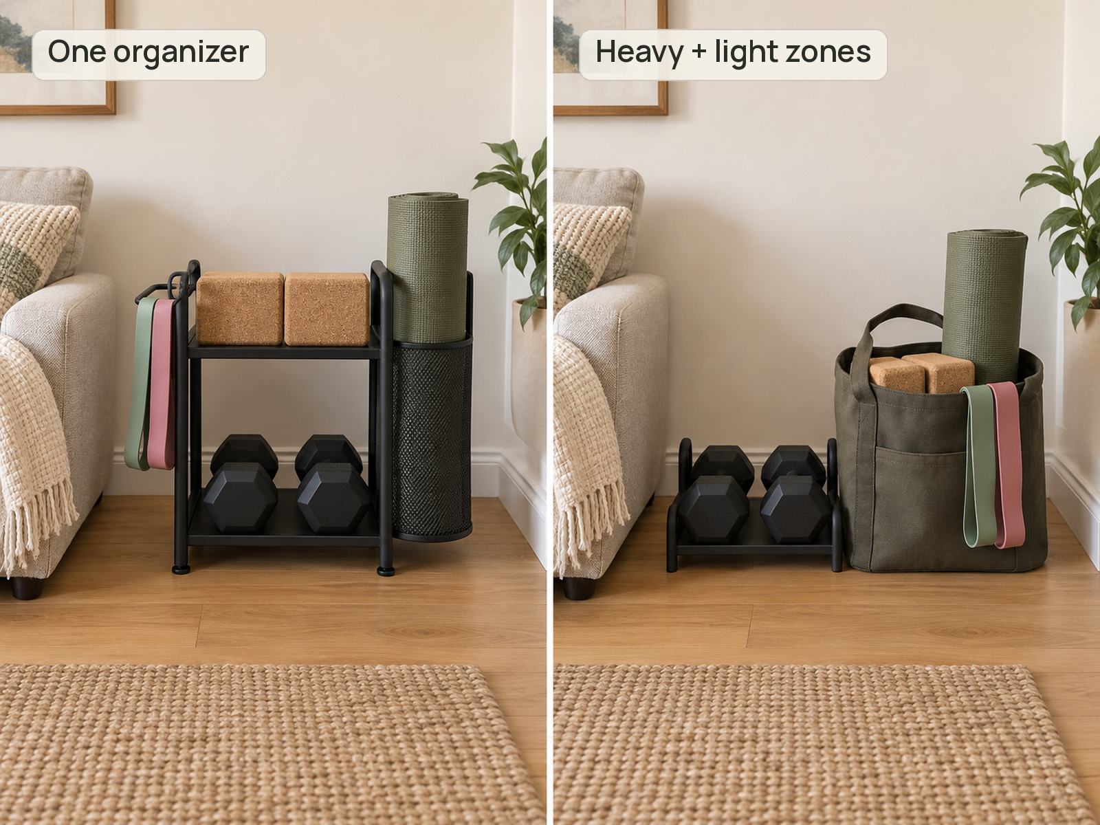 The same pair of dumbbells, rolled mat, two resistance bands, and two cork blocks are stored in one organizer versus separated into heavy and light storage zones.
