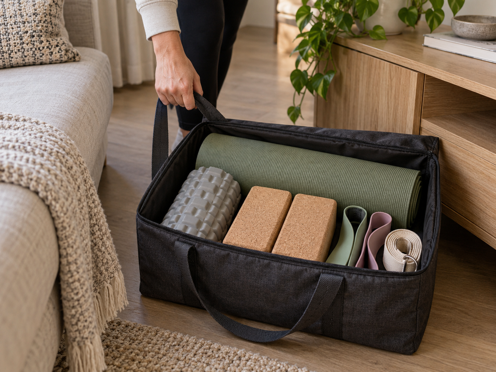An open handled storage bag beside a living-room sofa holds a rolled mat, foam roller, two cork blocks, resistance bands, and a yoga strap with no weights inside.
