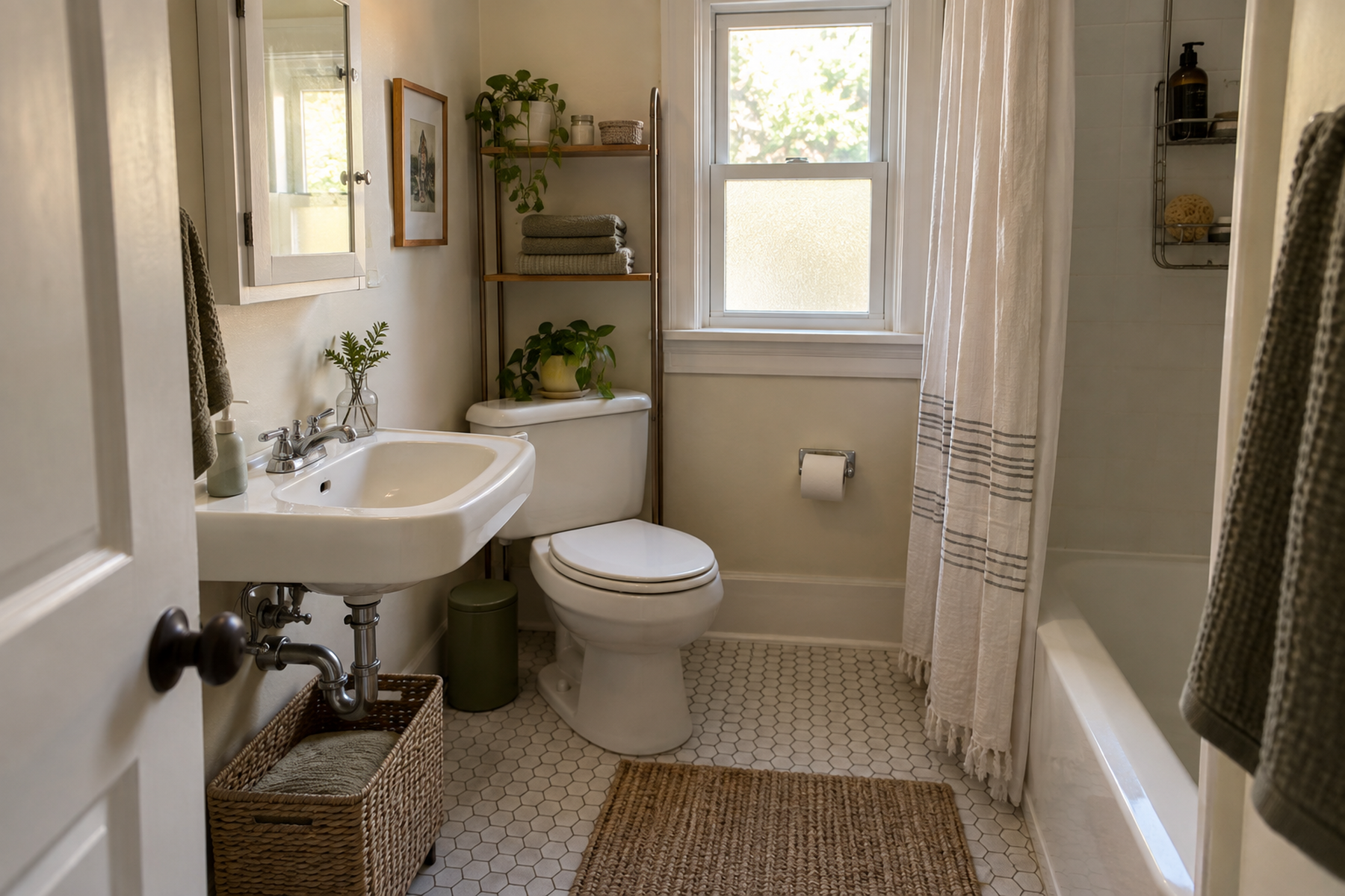A tiny rental bathroom with a pedestal sink, toilet, tub, and a few compact storage zones while the walking path stays clear.