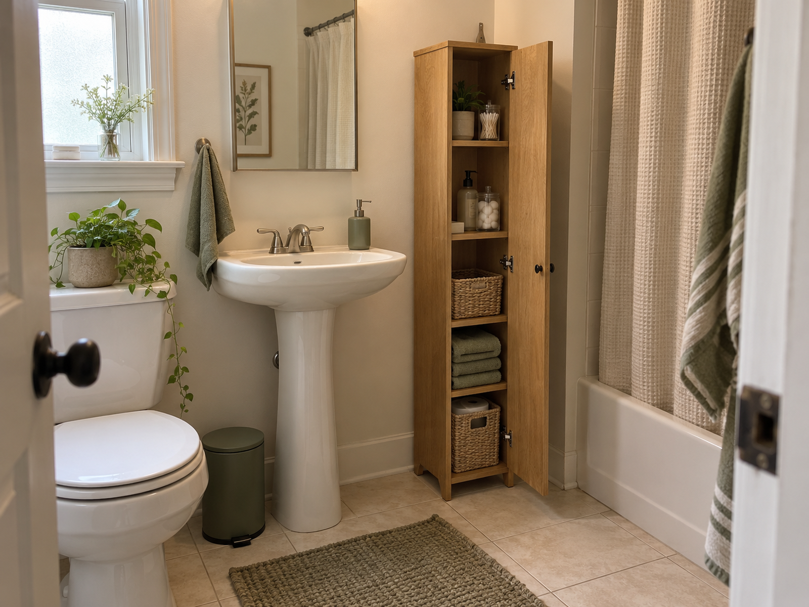 An open tall narrow wood cabinet beside a pedestal sink in a small bathroom, with heavier baskets and towels stored low and fixture clearance visible.