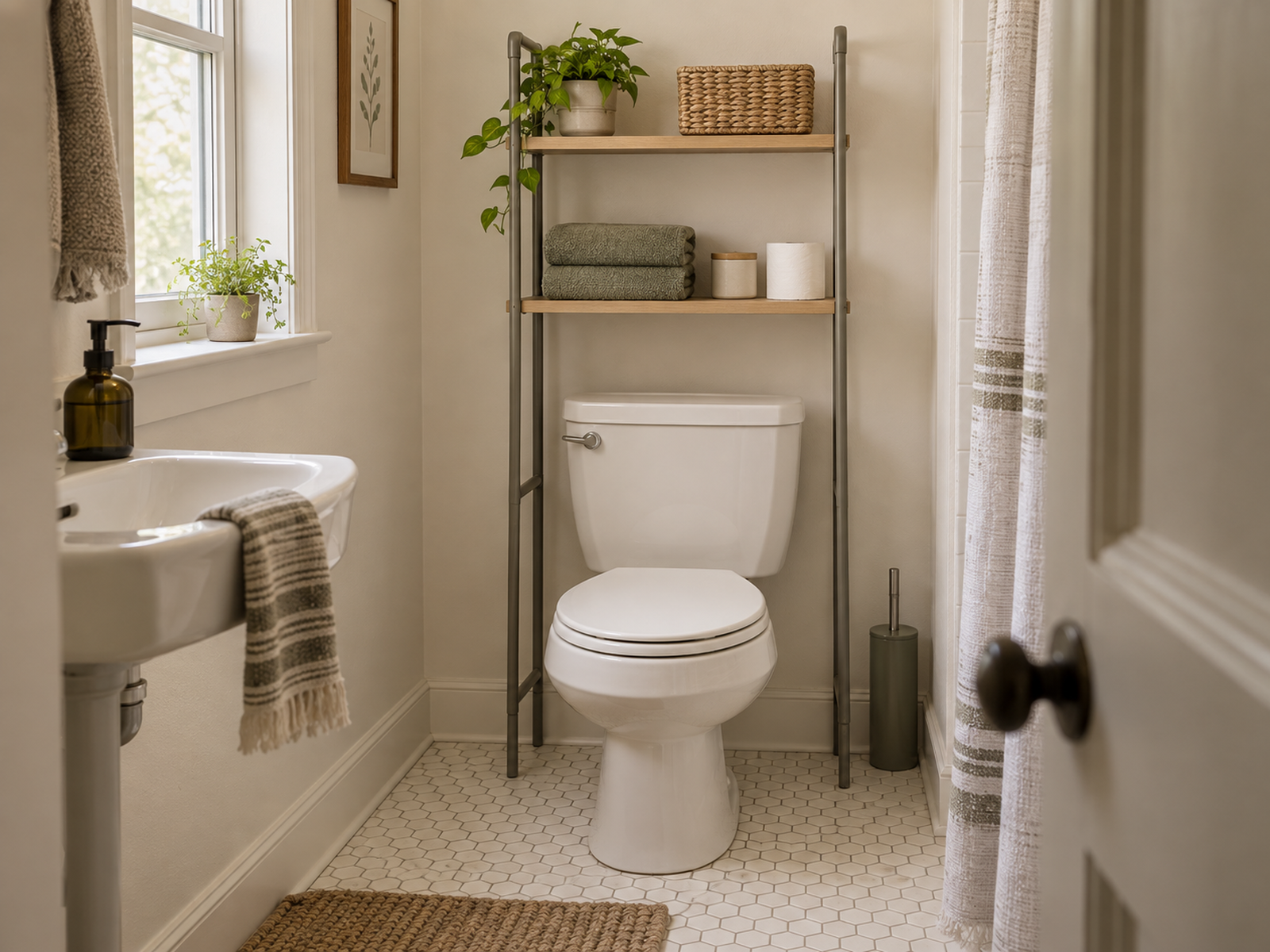 A slim freestanding shelf over a toilet holding a few towels and essentials while the tank, flush handle, and floor remain accessible.