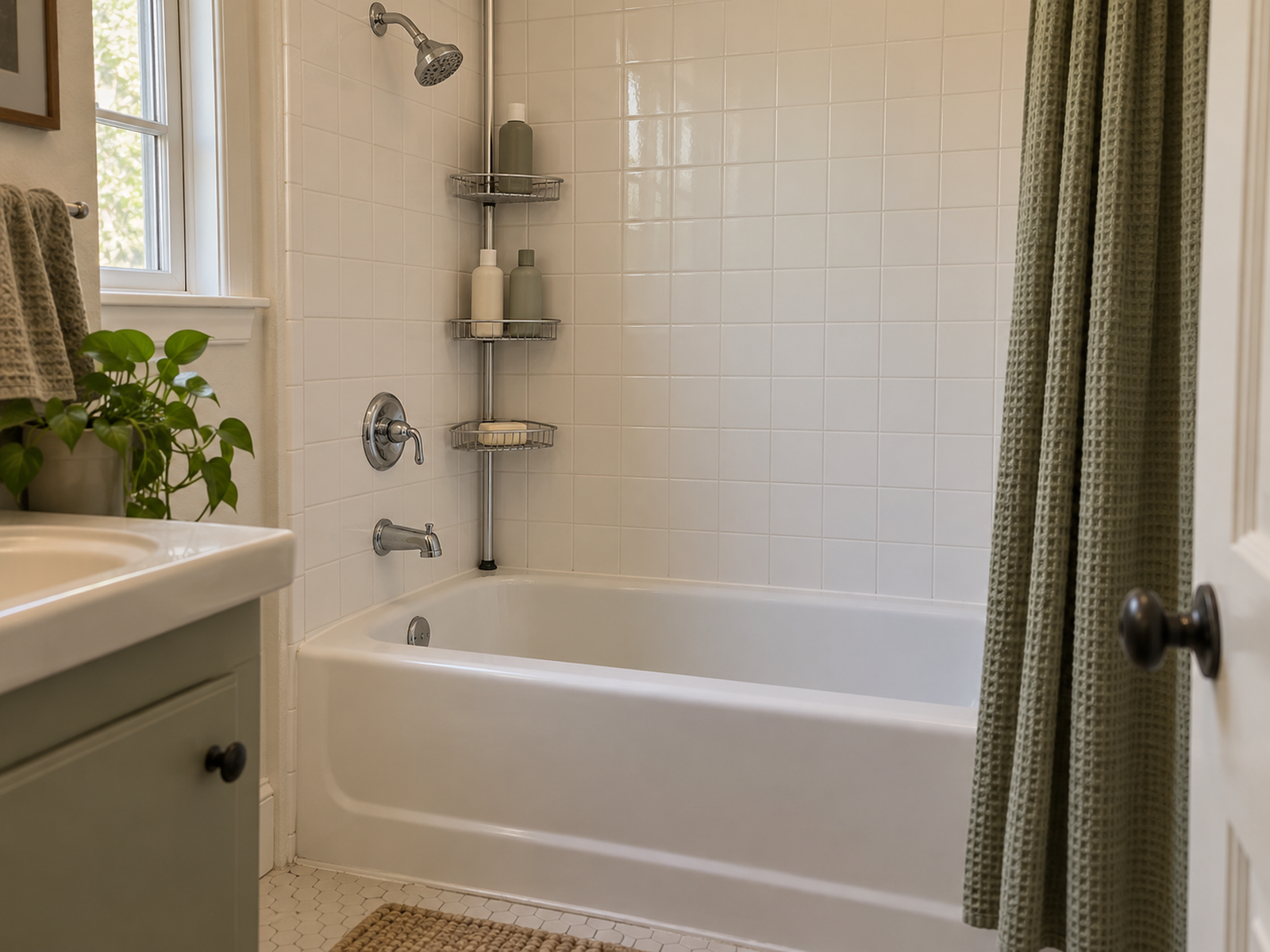 A corner tension-pole shower caddy with a few current-use bottles and soap, leaving the controls, tub entry, and standing area clear.