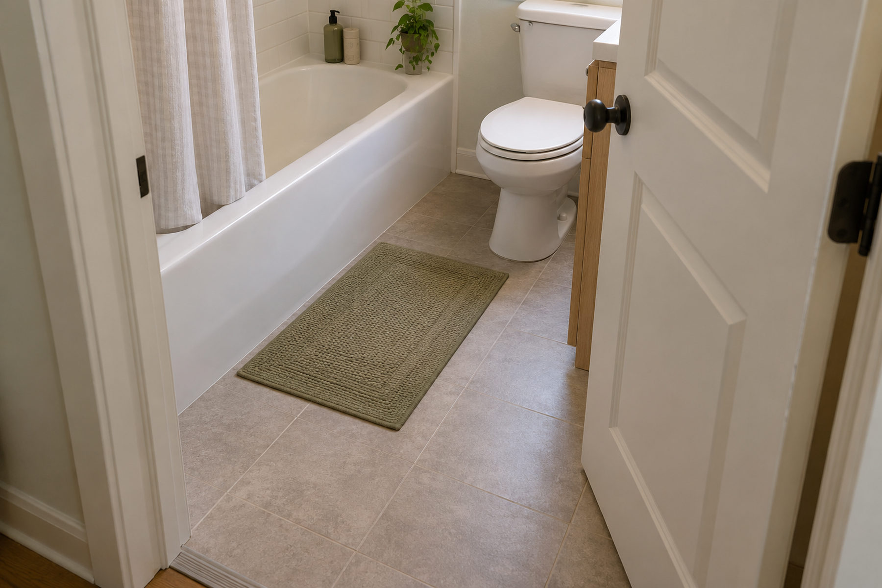 A bath mat lies flat beside a tub in a tiny bathroom with the inward door open, the toilet accessible, and a narrow walking path clear.