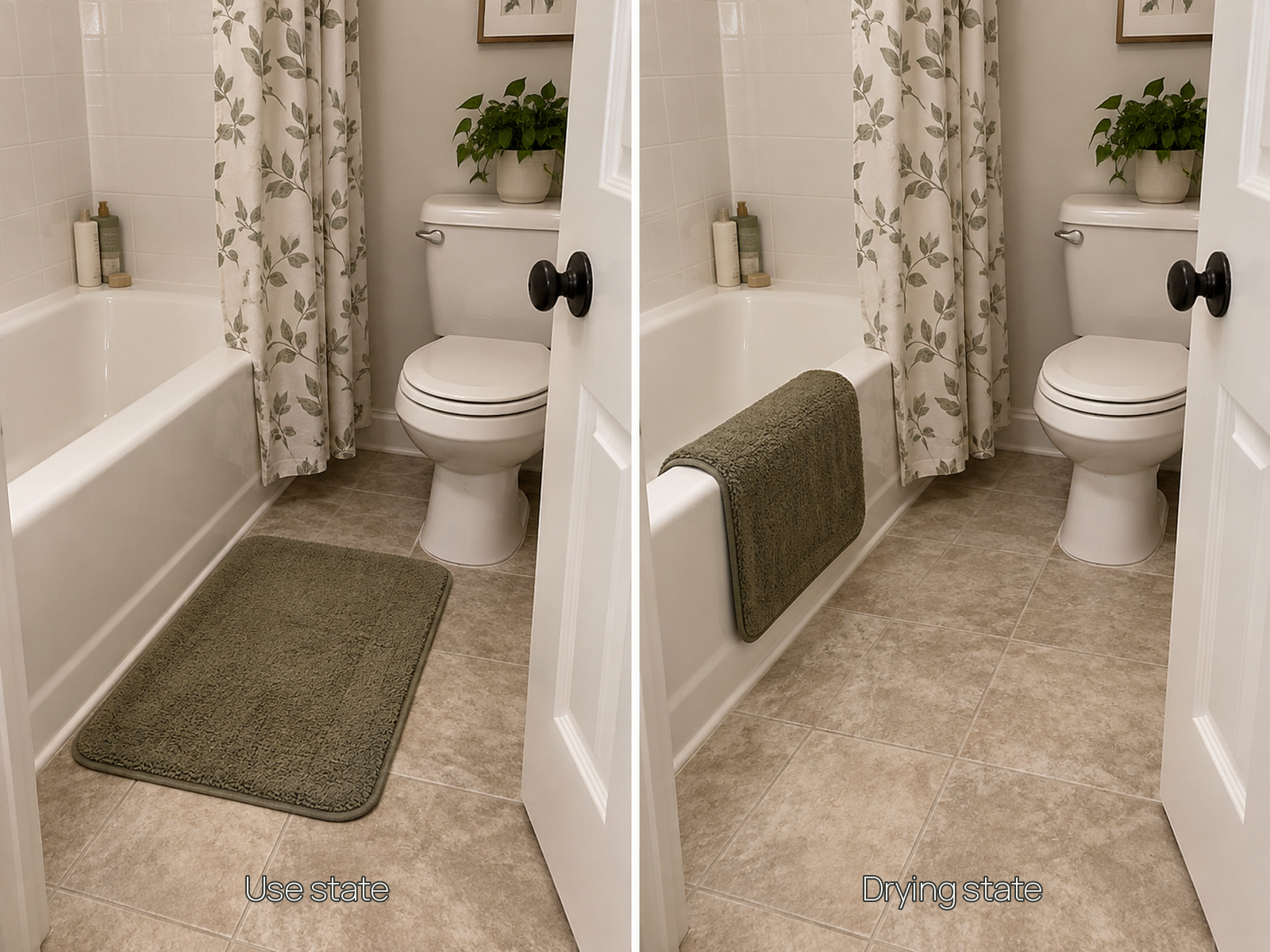 The same tiny bathroom with the bath mat flat beside the tub during use and then draped over the tub wall to dry while the shared floor is clear.